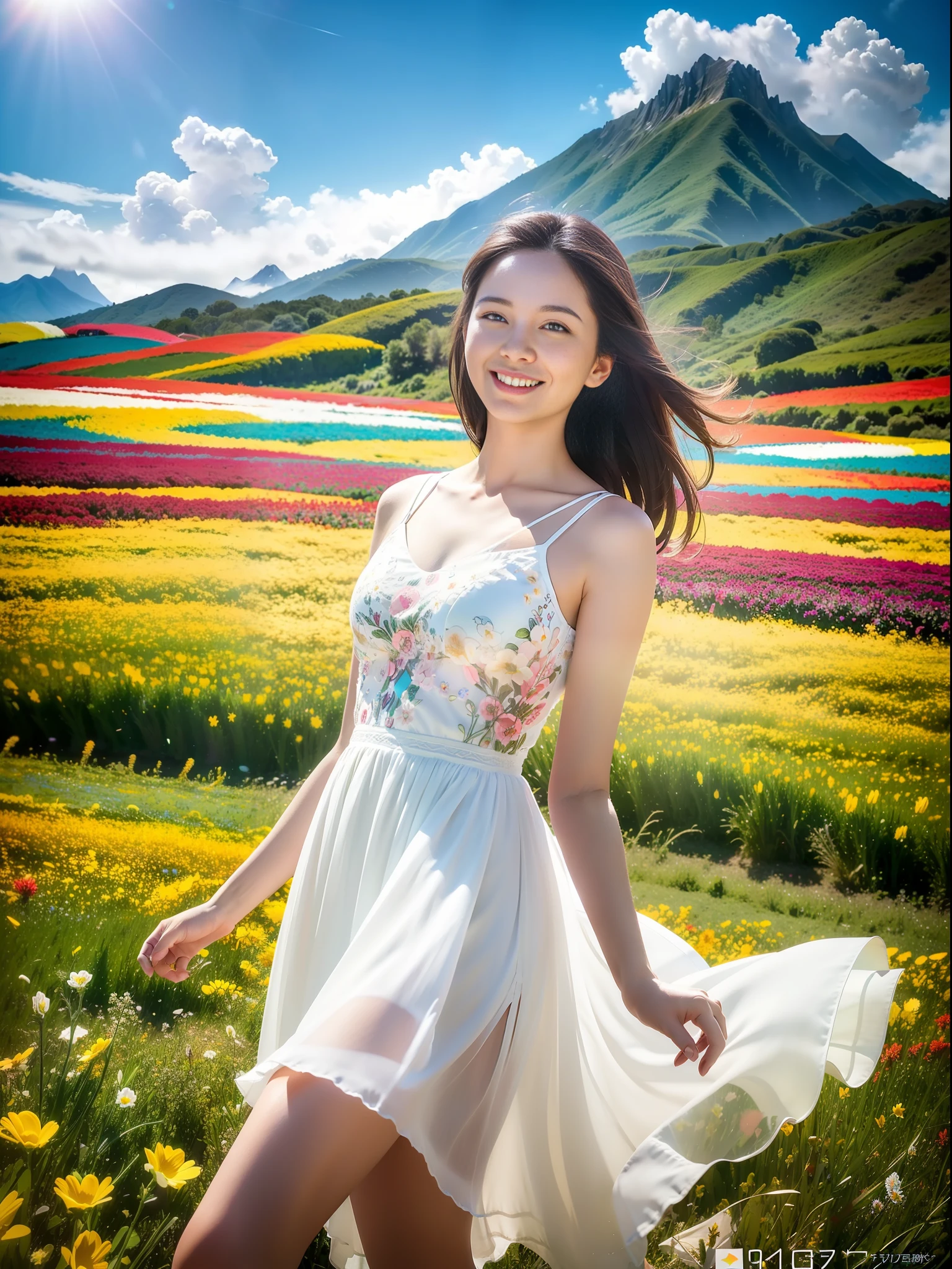 1girl, dynamic angle, cloud and mountain, (flower field:1.4) in the foreground, white dress, light tracing, (floating colorful wind:1)
(photorealistic:1.4), official art, unity 8k wallpaper, ultra detailed, beautiful and aesthetic, masterpiece,best quality, glowing skin, cinematic lighting, light smile