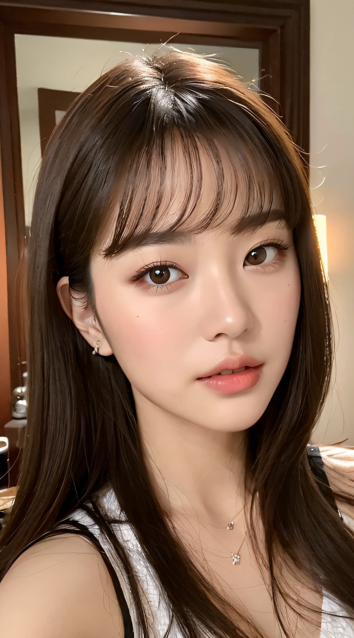 (top quality, 8k, masterpiece: 1.3), pretty woman with perfect figure: 1.4, dark brown hair, in bedroom, very detailed face and skin, detailed eyes, double eyelids