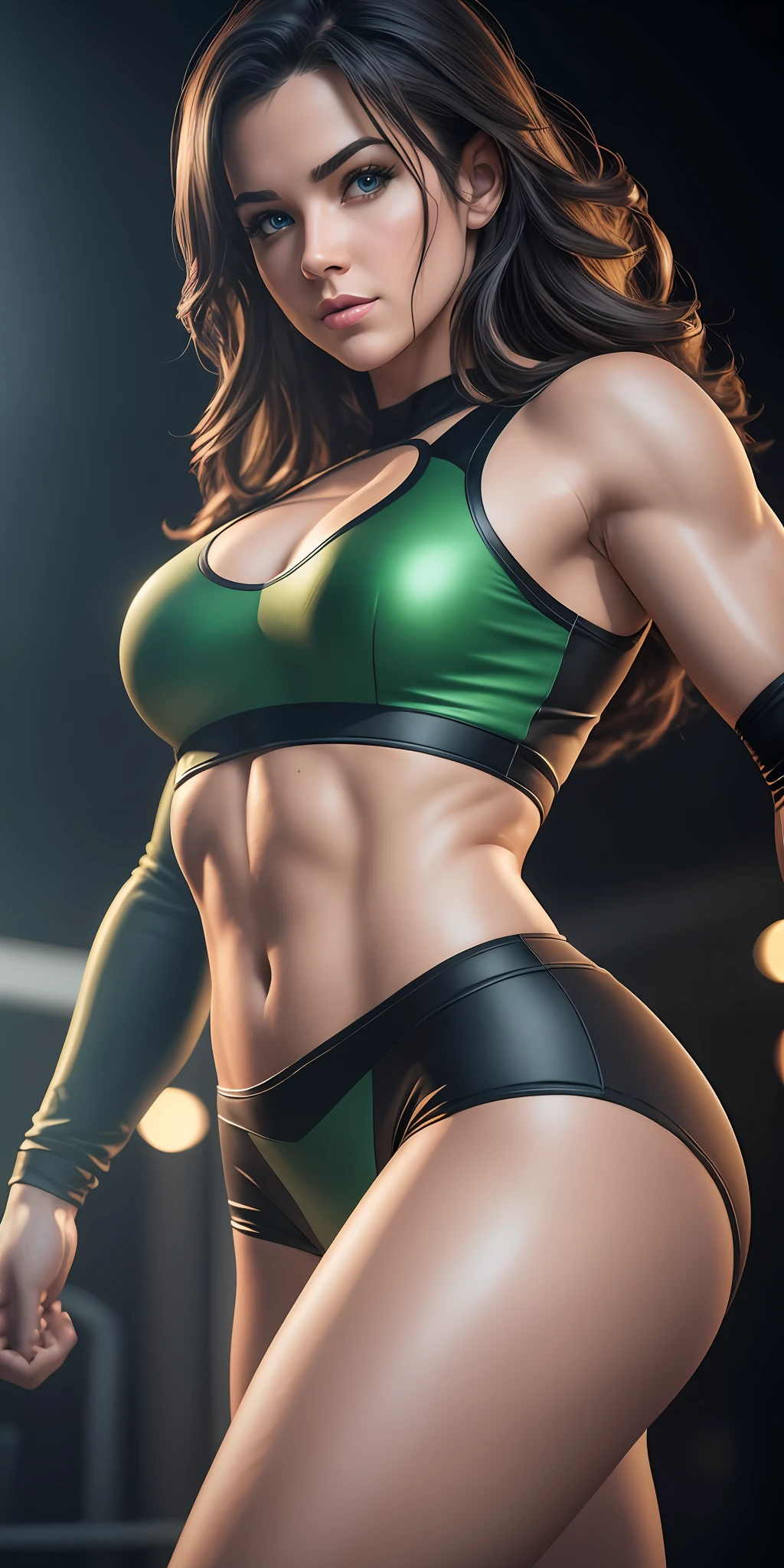 beautiful american, tight clothes, Cherami Leigh, wearing superhero costume, bright green eyes, excited, slim and muscular body, full body, silky medium and black hair, makeup, silky skin, wrestling ring background ((thin, small)), photorealistic, photo, masterpiece, realistic, realism, photorealism, high contrast, photorealistic digital art trend on Artstation 8k HD high definition detailed realistic, detailed, skin texture, hyper detailed, realistic skin texture, best quality, ultra high resolution, (photorealistic: 1.4), high resolution, detailed, raw photo, sharp re, by lee jeffries Nikon D850 film stock photography 4 kodak camera portra 400 lens f1.6 rich colors hyper realistic texture dramatic lighting irrealengine trending on artstation cinestill 800, RAW photo, photo of gigachad, arms behind, 8k uhd, dslr, high quality, grain film, Fujifilm XT3 --auto --s2