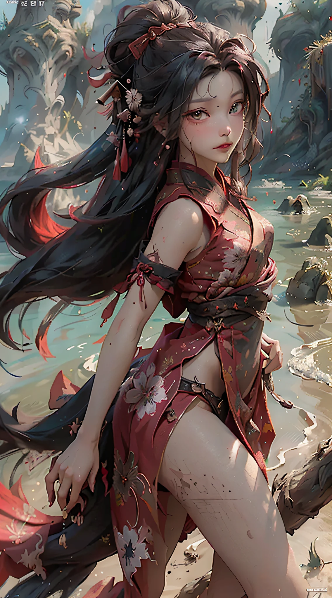 ((best quality)), (((masterpiece))), (highres), original, extremely detailed 8K wallpaper, [an extremely delicate and beautiful girl who with dark red long hair,dress,scarf,feather and is (heroic battle:1.3)],(beautiful detailed red eyes),world masterpiece theater,beautiful detailed garden, fluttered detailed petal, grow, melting, abstract, [a girl who has short hair with long locks,small breast ,messy hair, red eyes,long sleeves ,Taoist robe,oversized clothes is melting and splashing],splash,hyper detailed,backlighting,sand, water,black background, dust clodust,water splash, (((Ink painting style))),(((Chinese Brush Painting))),, Blacker than black, darker than darkness, I wished for my crimson mixture, The hour of awakening has come, Falling into the border of infallibility, Appear as a distortion of worklessness, dance dance dance, What I want from the torrent of my power is collapse, Unparalleled collapse, All things equally reduced to ashes, come from the abyss, This is mankind's most powerful means of attack., This is the ultimate attack magic, Explosion!