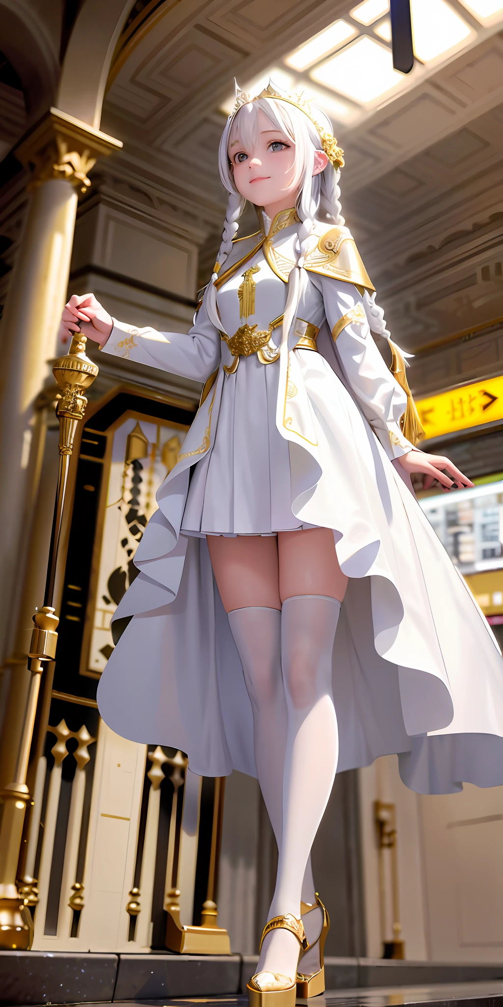 Superb Piece, White Hair, Golden Eyes, Staff in Hand, Smile, Holy Light Staff, White Clothes, Looking Up, Upper Body, Hair, Fair Skin, Side Braids, Full Body, Next to the Subway, (High-Speed Rail: 1.5), Metro Travel, Top Light, Holy Light, Light Spot, Subway Platform, Tech Color, Backlight, Edge Light, Movie Light Effects, (Light Particle: 1.1), Fog, Snow Painting, Sketch, Bloom --P 2