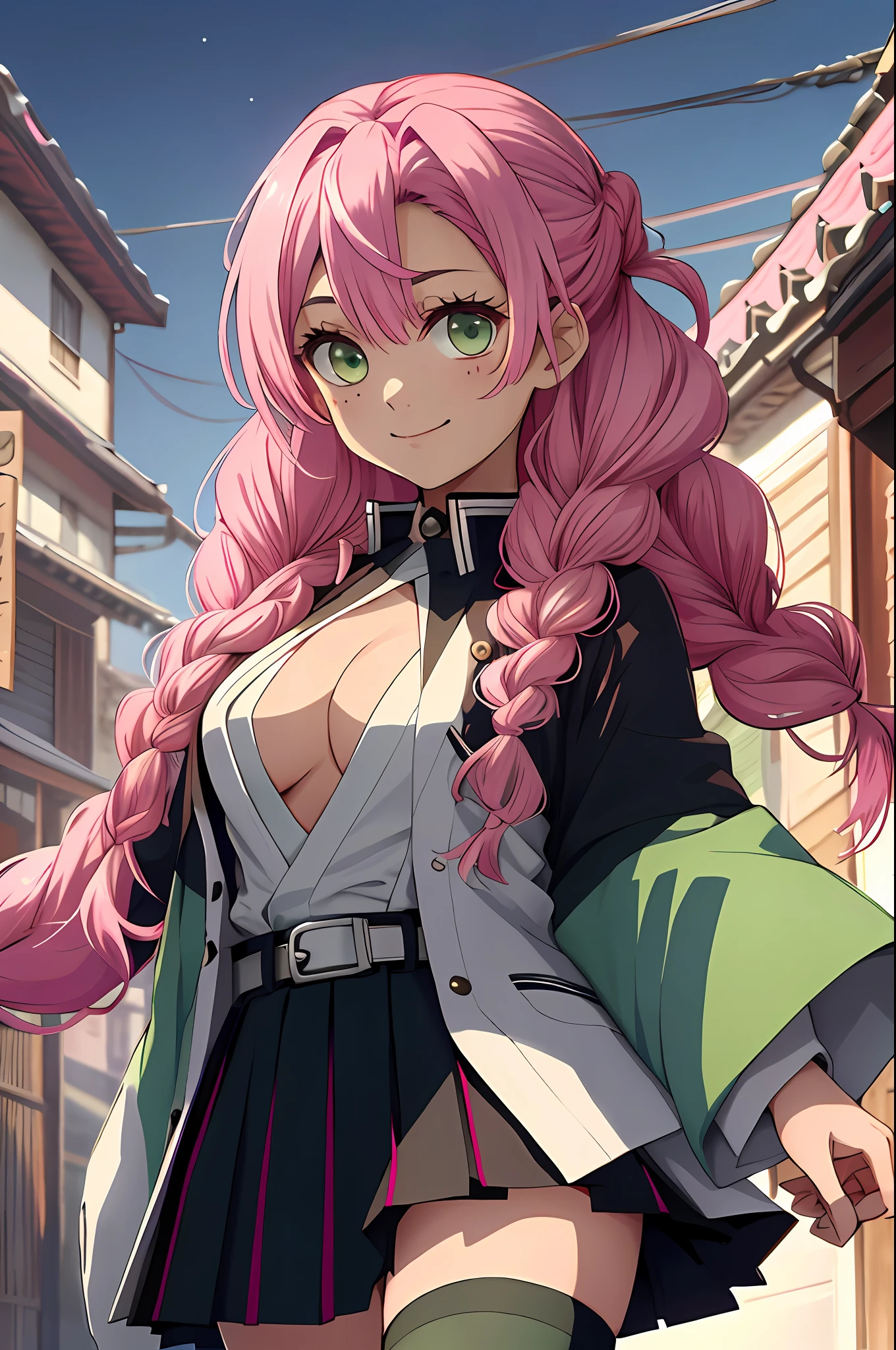 Mitsuri Kanroji, ultra detailed, solo, demon slayer uniform, smile, long sleeves, looking at viewer, japanese clothes, breasts, haori, cleavage, closed mouth, jacket, large breasts, open clothes, skirt, belt, black skirt, pleated skirt, thighhighs, green thighhighs, volumetric lighting, best quality, masterpiece, intricate details, sharp focus, hyper detailed, pink hair with greeb bottom hair, pink hair, greeb bottom hair, highest quality, high resolution.
