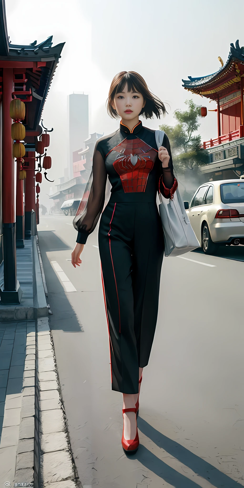 (1girl:1.3), solo, ((very detailed face)))), ((very detailed eyes and face))), beautiful detail eyes, body parts__, official art, unified 8k wallpaper, super detailed, beautiful and beautiful, beautiful, masterpiece, best quality, original, masterpiece, super fine photo, best quality, super high resolution, realistic chinese house, sunlight, full body portrait, amazing beauty, dynamic pose, delicate face, vibrant eyes, (from the front), She is wearing Spider-Man suit, red and black color scheme, spider, very detailed Chinese 60s architecture city street background, on the road, standing on the road, detailed face, detailed complex busy background, messy, gorgeous, milky white, highly detailed skin, realistic skin details, visible pores, clear focus, volumetric fog, 8k uhd, DSLR, high quality, film grain, fair skin, photo realism, lomography, Chinese 60s city, translucent