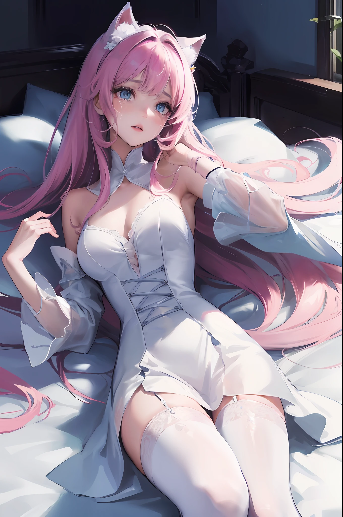 Official Art, Masterpiece, Sharp Focus, (Beautiful Gorgeous Cute Pretty Girl 1.3), Anime Pretty Girl, Delicately Beautiful Multicolored Hair, Delicately Beautiful Eyes and Face, Cat Ears on Head, (Wearing Princess Dress and White Stockings), (Crying Expression), (Lying in Bed), Realistic, Ultra-detailed, Beautiful Girl, Glowing White Particles, (Sidelighting: 1.2), Slender, Long Straight Hair, Dynamic Hair, Long Straight Hair, Glowing Blue Eyes, Hair Accessories, Epic Landscape,