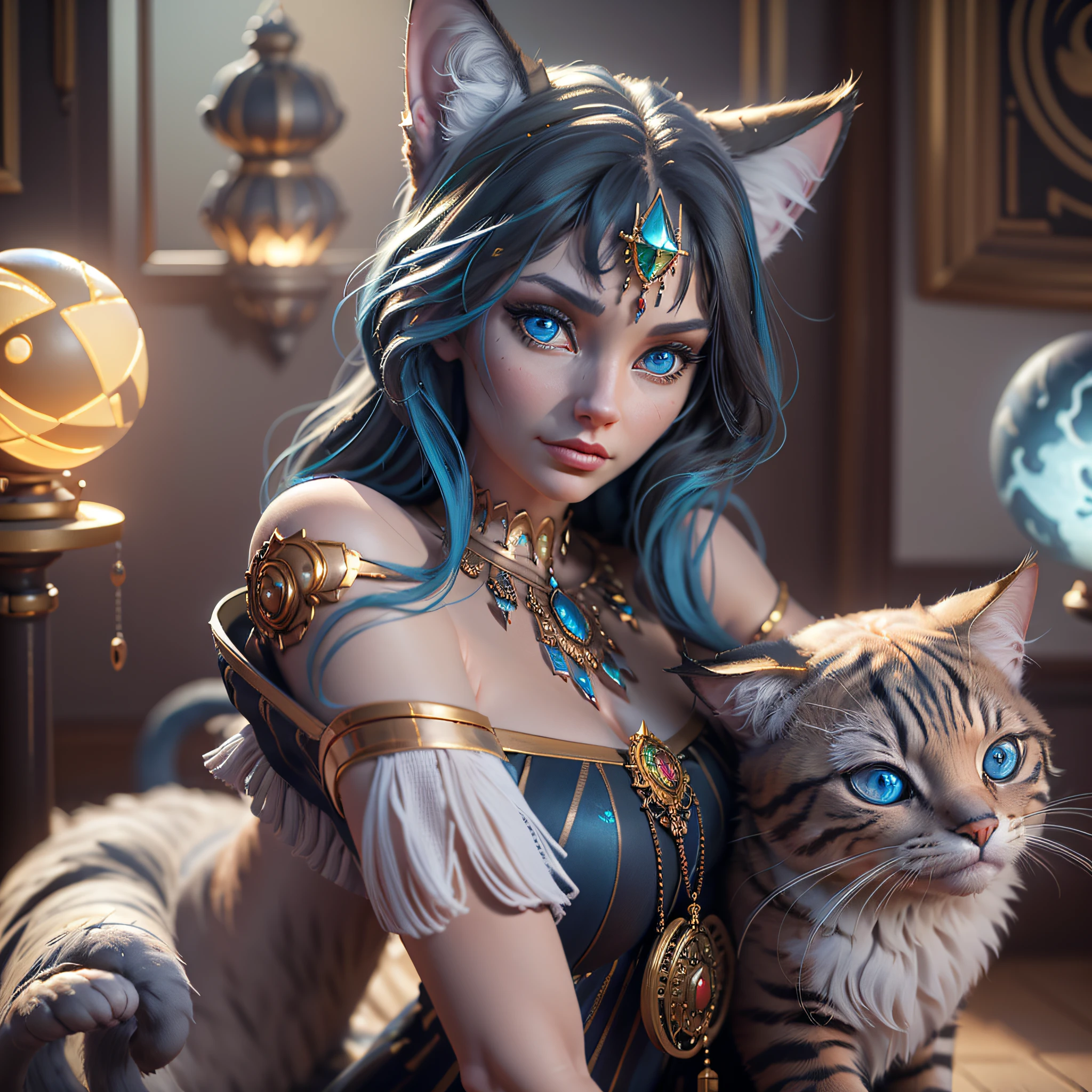 ((Best quality)), ((masterpiece)), (detailed: 1.4), 3D, a digital painting of a cat with blue eyes, unreal engine rendering + a goddess, very detailed, beeple global lighting, elaborate ornate jewelry, trends in cgisociety, motion graphics, global lighting rossdraws, cgsociety --auto --s2