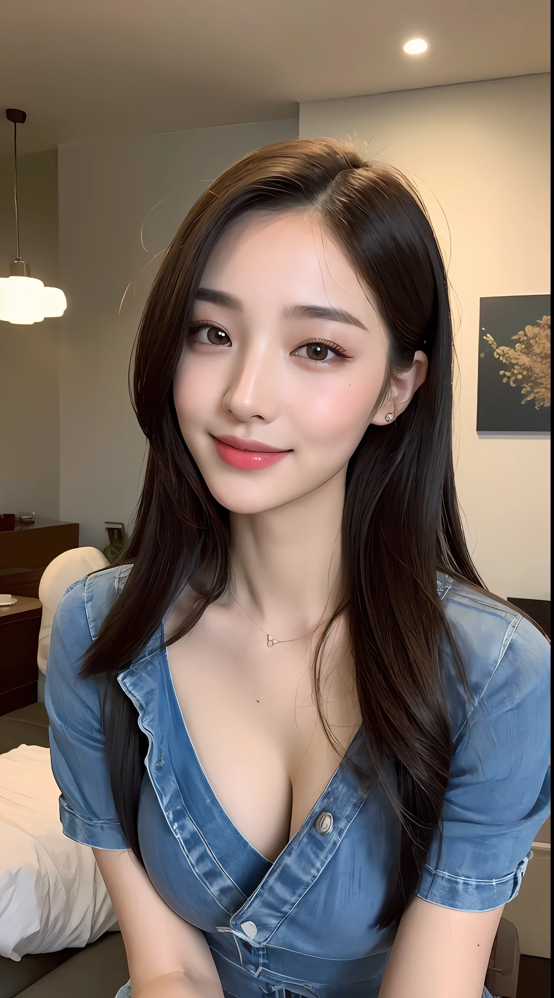 ((Best Quality, 8K, Masterpiece: 1.3)), 1girl, Slim Abs Beauty: 1.3, (Hairstyle Casual, Big Breasts: 1.2), Dress: 1.1, Super Fine Face, Delicate Eyes, Double Eyelids, Smile, Home
