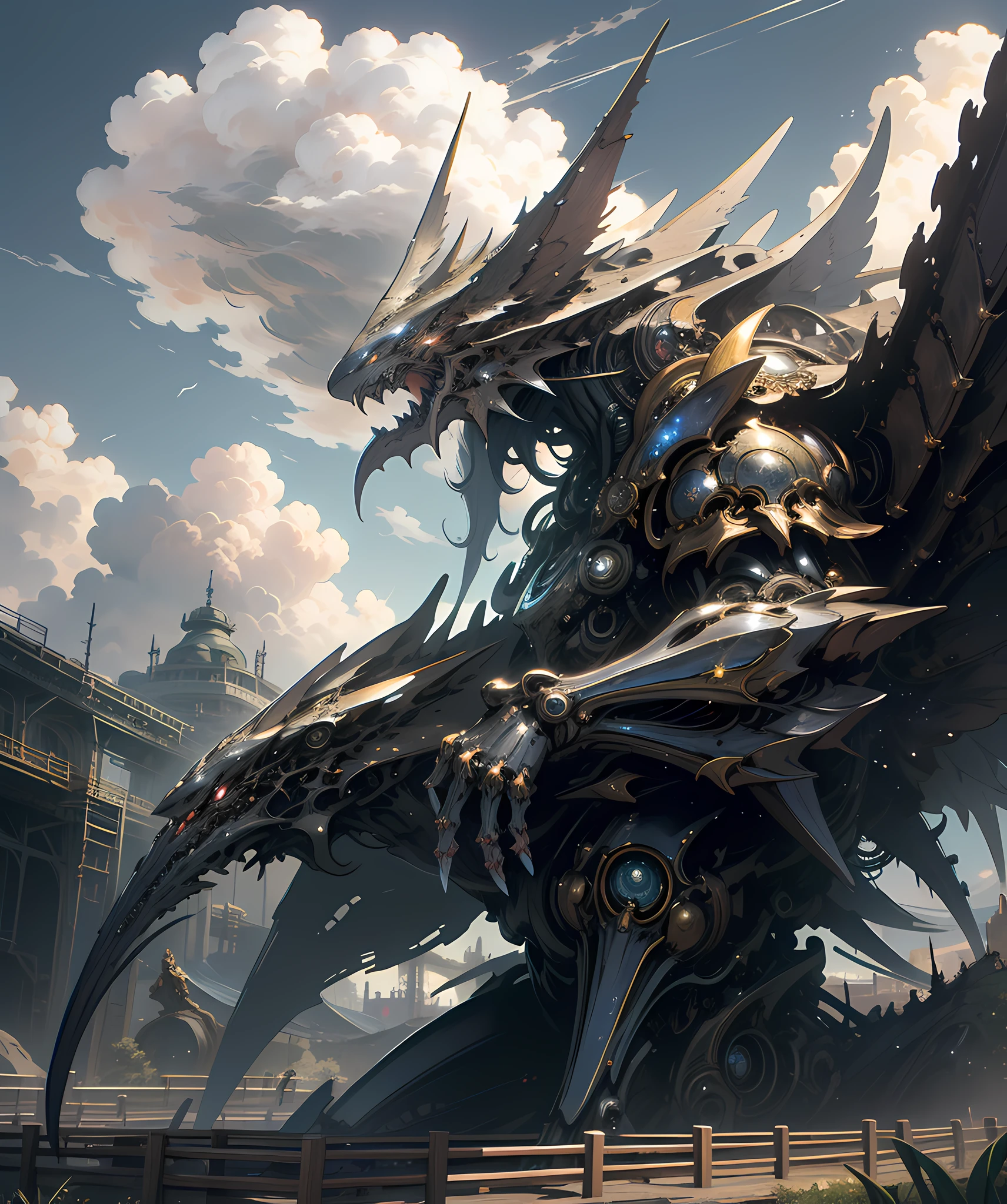 ((best quality)), ((masterpiece)), (detailed), giant mecha, horror beauty, perched on a cloud, (fantasy illustration:1.3), enchanting gaze, otherworldly charm, mystical sky, (Luis Royo:1.2), (Yoshitaka Amano:1.1), moonlit night, soft colors, (detailed cloudscape:1.3), (high-resolution:1.2)