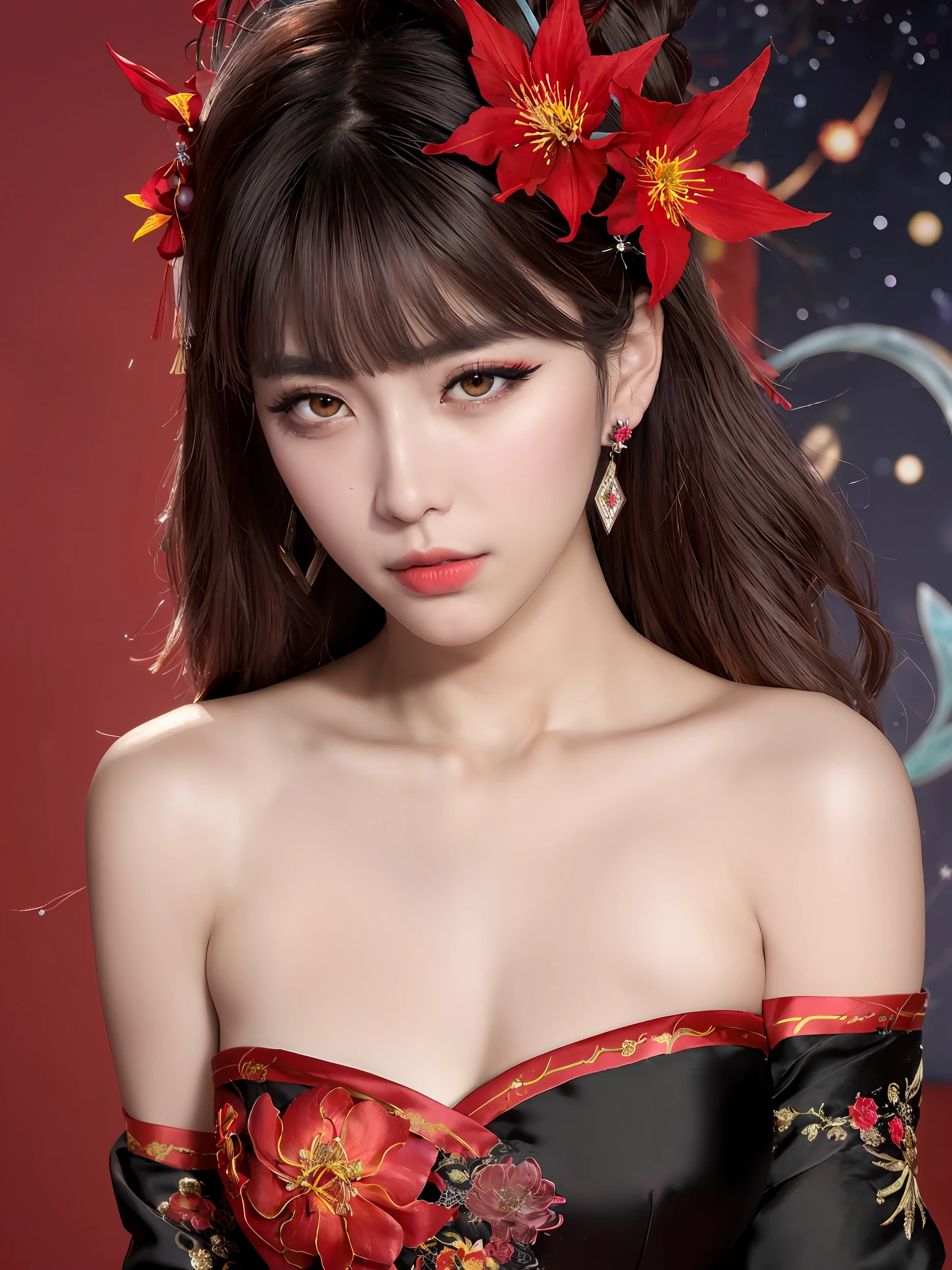 ((High resolution)), (Open Mouth), (Bust), (Top Quality), ((Super Fine)) (Super Fine CG)), ((8k_wallpaper)), Dynamic Angle, Floating, (Eyes with Beautiful Details), Very Delicate and Beautiful Girl, Upper Body, Ink Painting, (Chinese Style), Dark Eyes, Burning, Detail Light. from_low, (black hair), (red spider) lily: 1.33), aqua eye, (hair flower: 1.3), Bloom, single, starry sky, hair accessories, earrings, jewelry, messy hair, bare shoulders, half-closed eyes, bloom, (men), (Hanfu: 1.3), (Medium breasts): 1.2), (Eyeshadow, Red Eyeliner: 1.15), (Eyeshadow, Red Eyeliner: 1.15), (Eyeshadow, Red Eyeliner: 1.15), (Visible Eyes Through Hair: 1.2), (Solo Exhibition), Red Moon