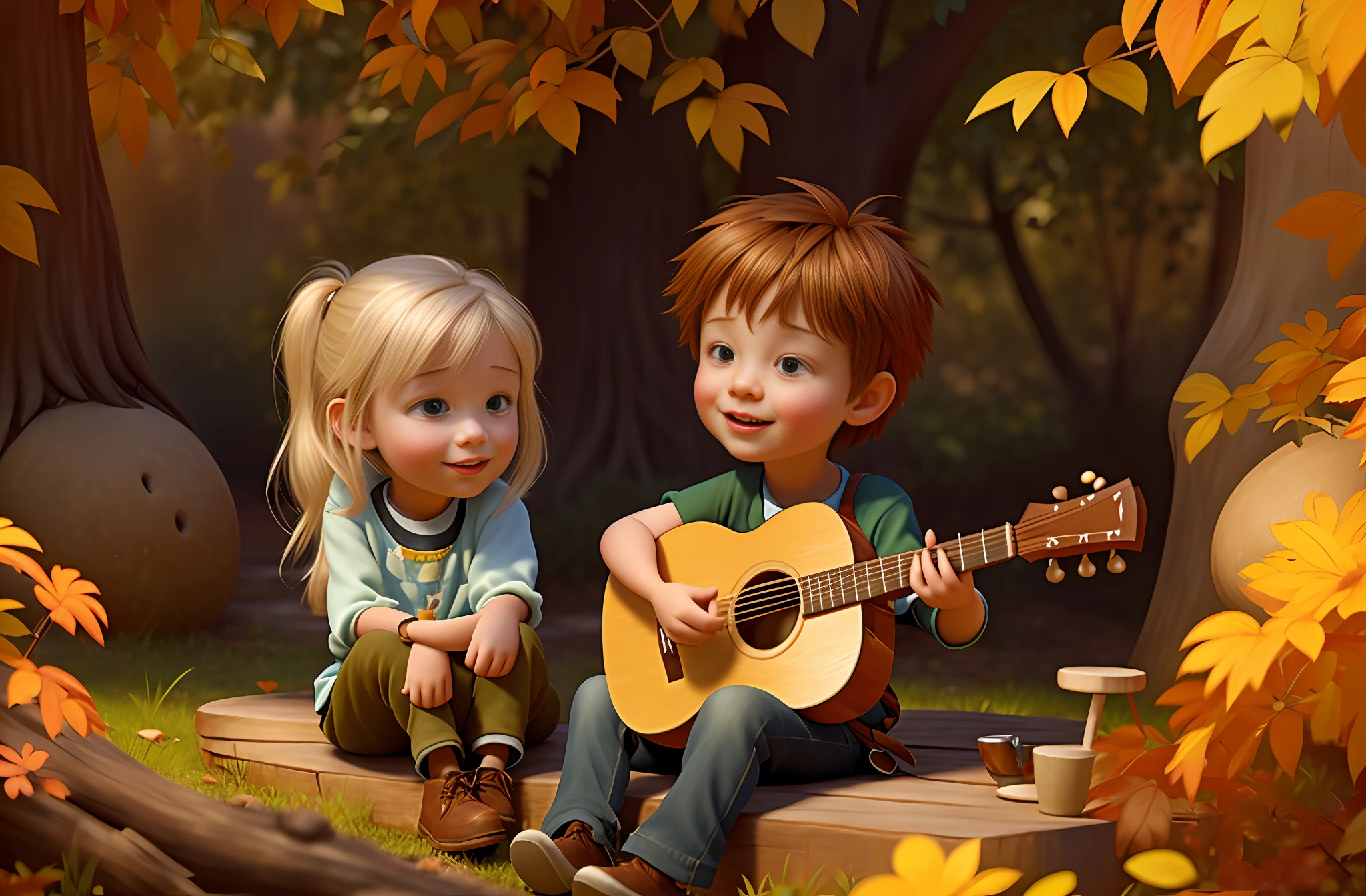 painting of two , a blonde girl and a brown-haired boy, cheerful, happy, looking at each other with a look of brotherhood, love, boy playing guitar in a forest, 3d drawing of friends, by Craig Davison, by Elaine Hamilton, playing little viola, by Orshi Drozdik, in the style of Shrek movie, animated film still, 3D animated film still, Lovely disney pixar digital painting, by Eugeniusz Zak, cute art, by Nándor Katona, masterpiece, high quality.