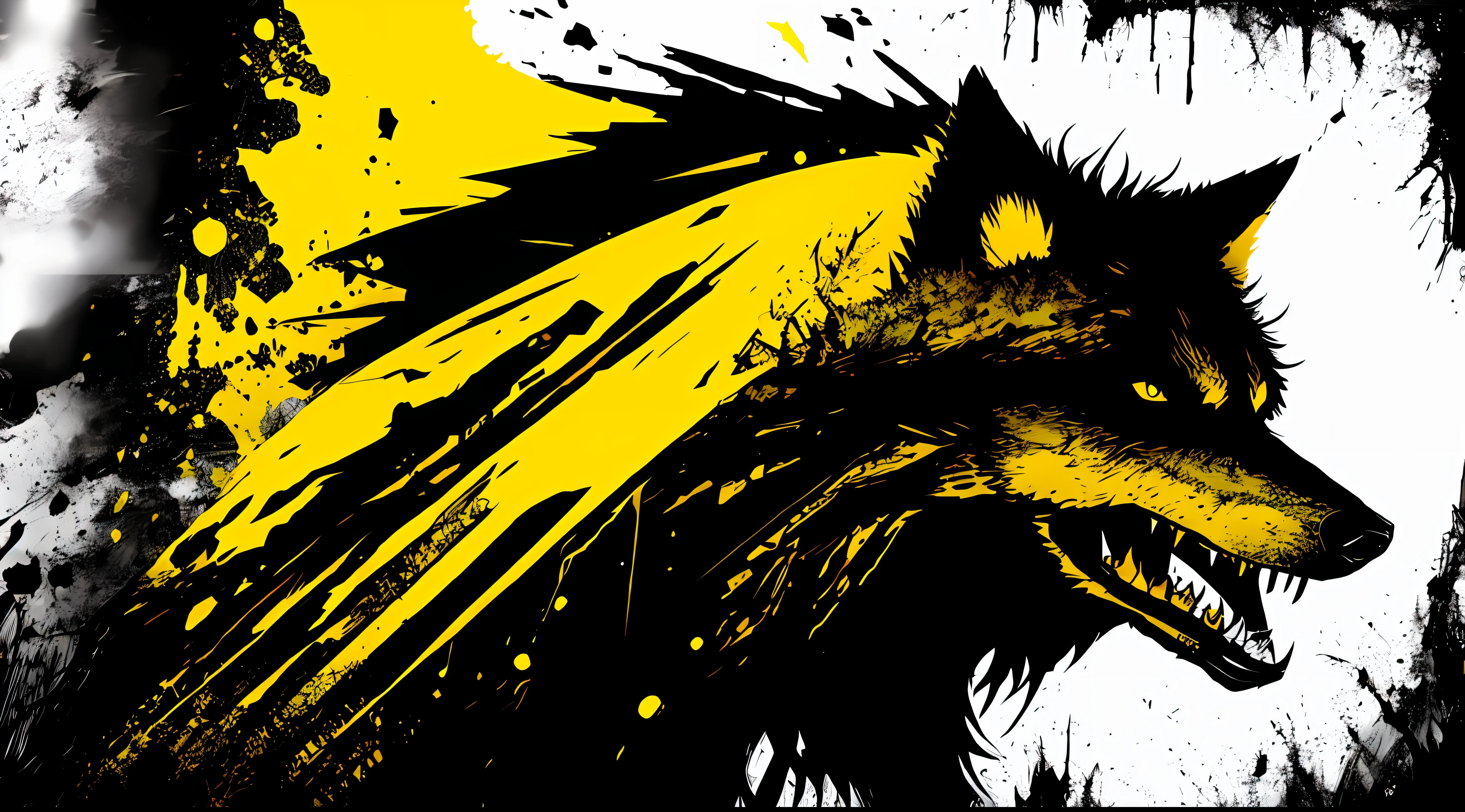 yellow and black, a monstrous wolf, in the style of Mork Borg, strong contrast, grunge dirty punk splash art, zine black metal, forest color splash background