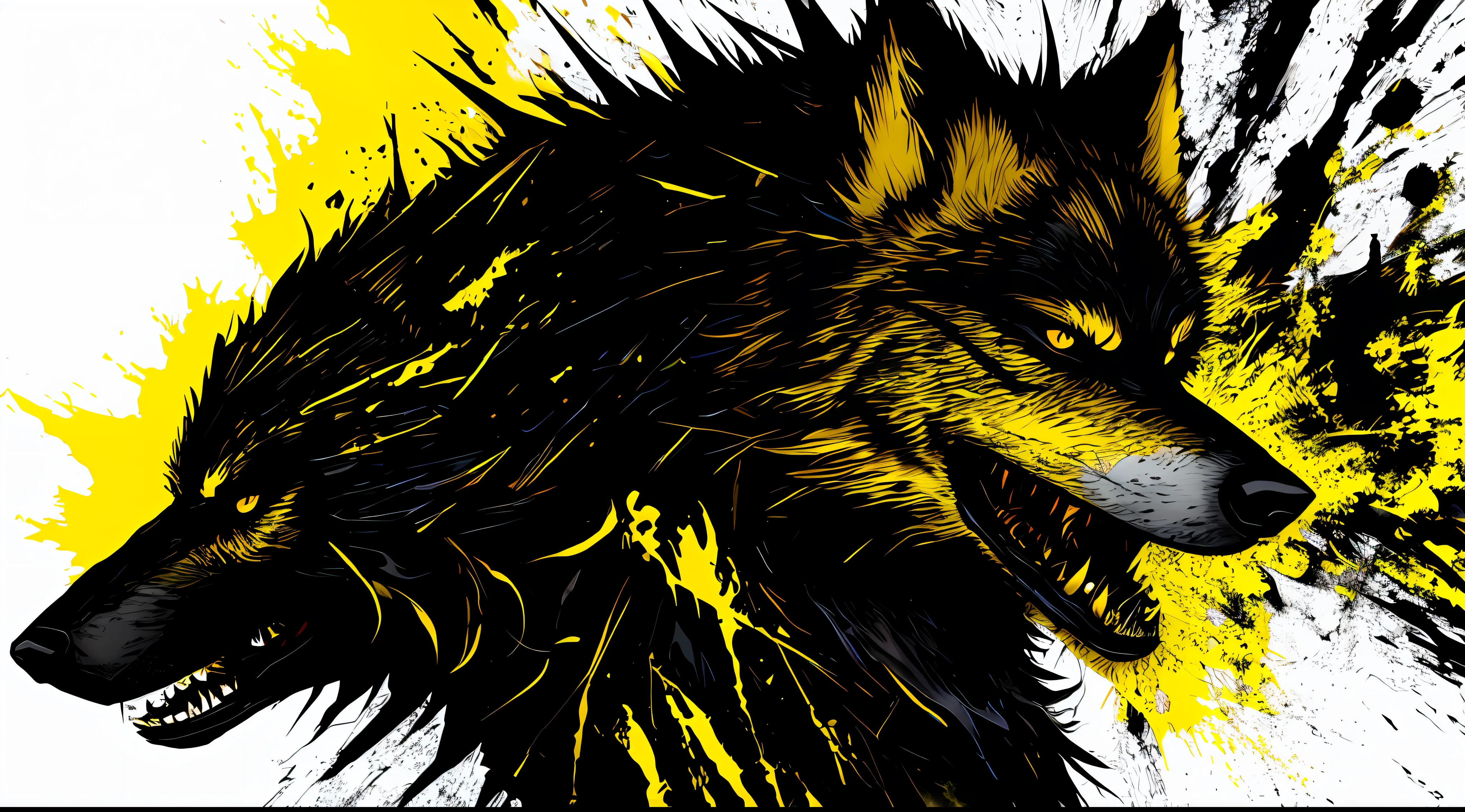 yellow and black, a monstrous wolf, in the style of Mork Borg, strong contrast, grunge dirty punk splash art, zine black metal, forest color splash background