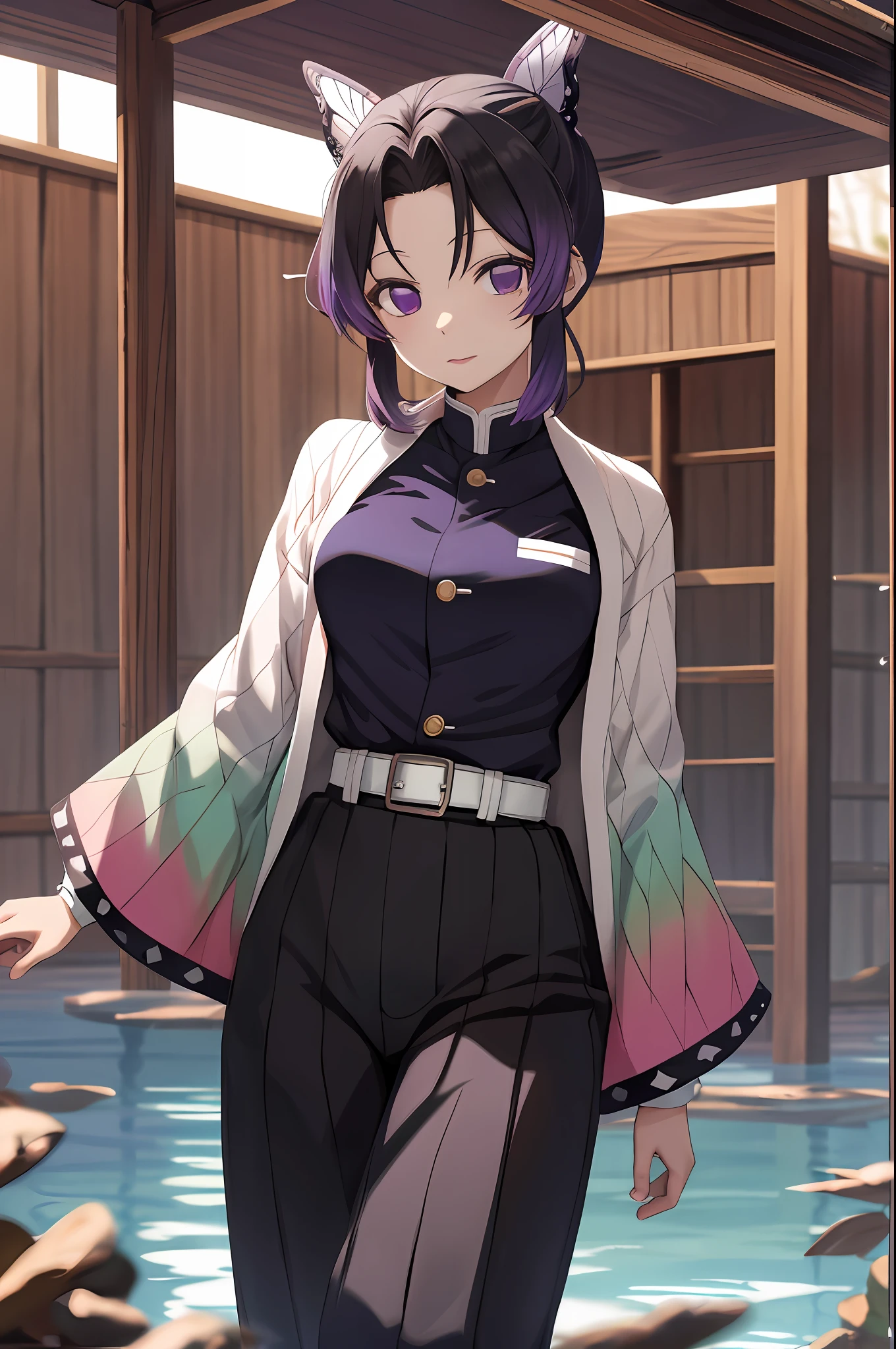 Kochou Shinobu, 1girl,masterpiece,(kochou shinobu) (best quality:1.2), multicolored hair, long sleeves, purple eyes, black jacket, high waist black pants, uniform, white haori, Japanese clothes, multiple butterflies, buttons, belt, lake, sunset, lens flare, perfect lighting, highest quality, hands behind, thick thighs, large breasts,highest quality, high resolution.