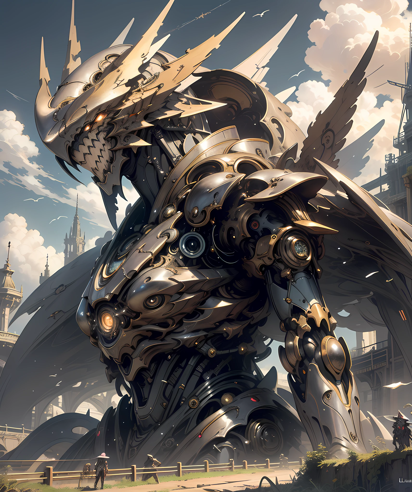 ((best quality)), ((masterpiece)), (detailed), giant mecha, horror beauty, perched on a cloud, (fantasy illustration:1.3), enchanting gaze, otherworldly charm, mystical sky, (Luis Royo:1.2), (Yoshitaka Amano:1.1), moonlit night, soft colors, (detailed cloudscape:1.3), (high-resolution:1.2)
