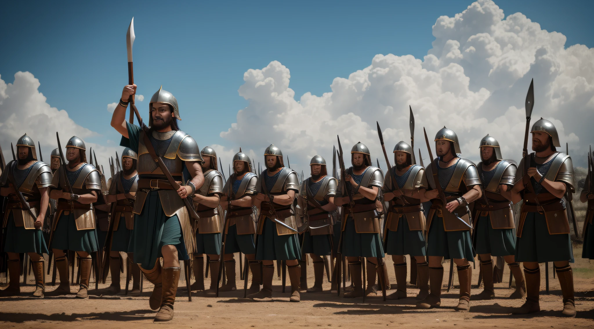 The Israelite army, led by Saul, prepared to face Goliath, with shields raised and spears pointed. RAW photo, small details, photorealistic, ultra-realistic photo, 8k uhd, dslr, soft lighting, high quality, grain film, Fujifilm XT3, (masterpiece).