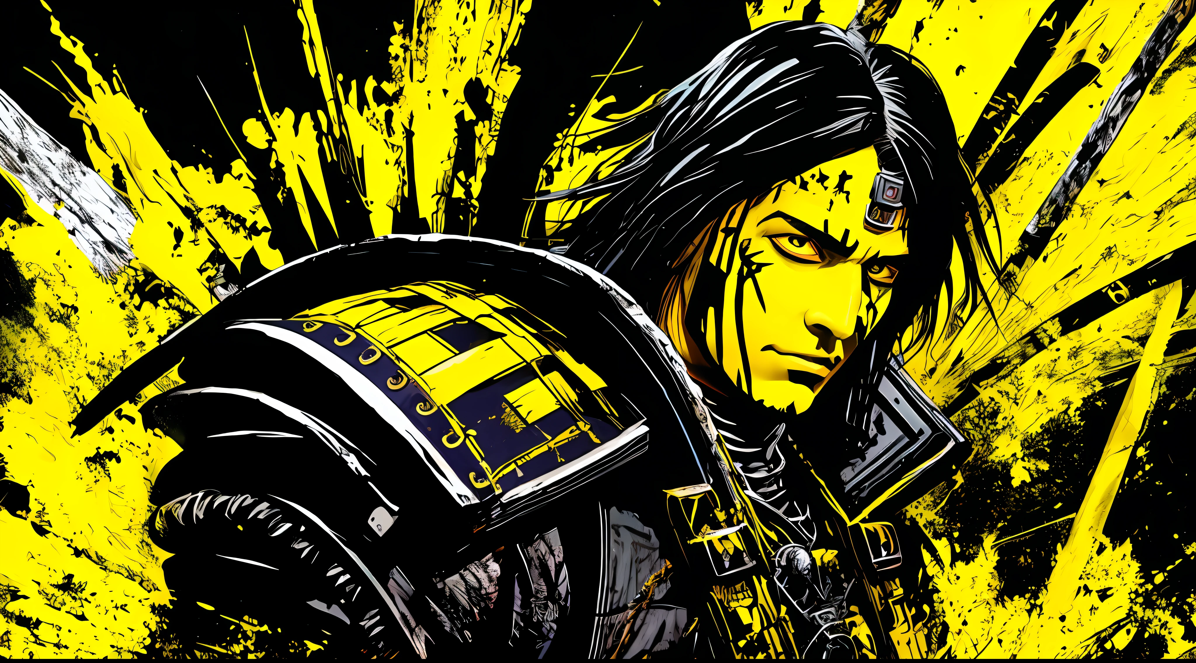 yellow and black, a medieval indigenous warrior, in the style of Mork Borg, strong contrast, grunge dirty punk splash art, zine black metal, forest color splash background