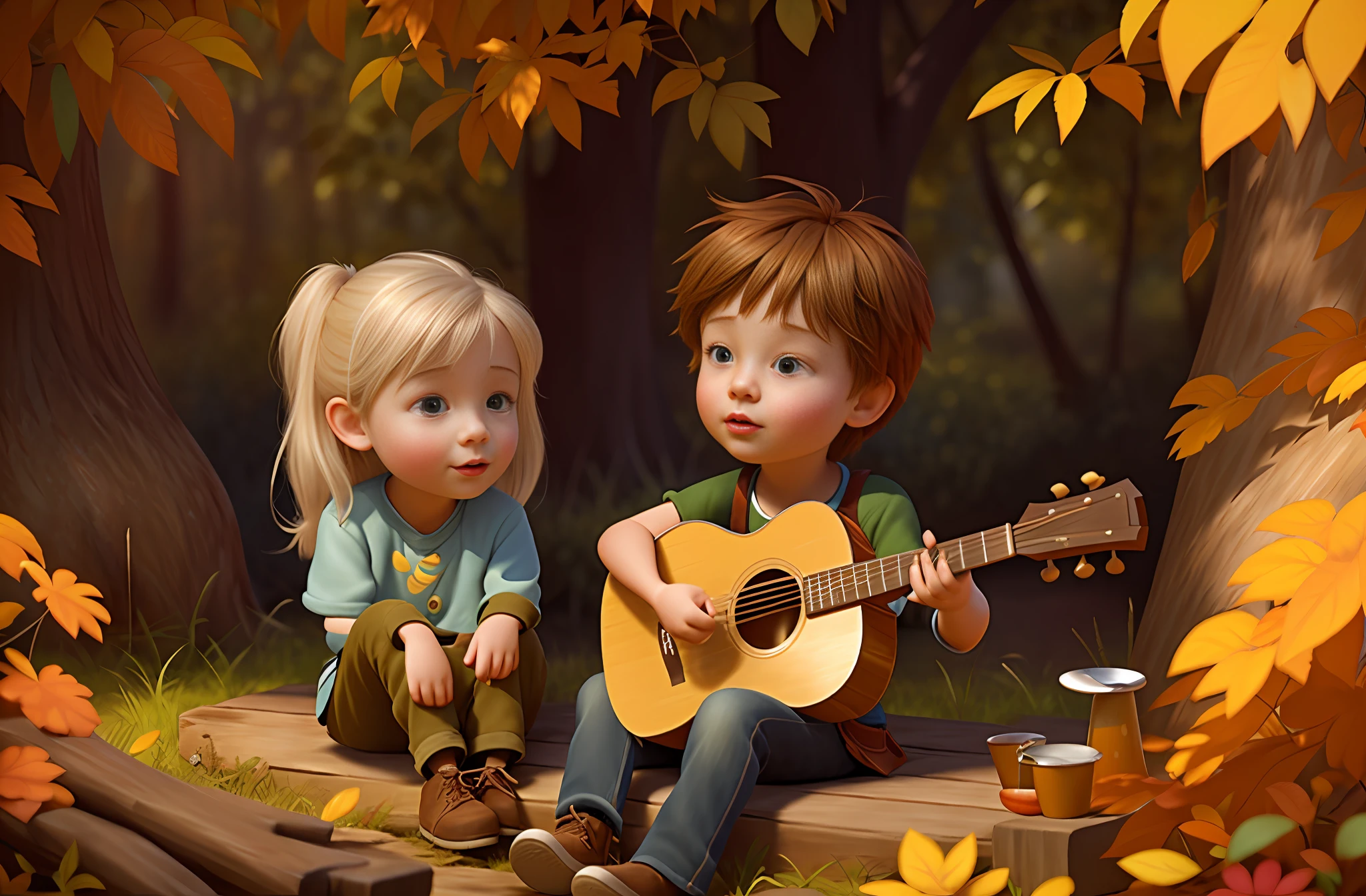 painting of two , a blonde girl and a brown-haired boy, cheerful, happy, looking at each other with a look of brotherhood, love, boy playing guitar in a forest, 3d drawing of friends, by Craig Davison, by Elaine Hamilton, playing little viola, by Orshi Drozdik, in the style of Shrek movie, animated film still, 3D animated film still, Lovely disney pixar digital painting, by Eugeniusz Zak, cute art, by Nándor Katona, masterpiece, high quality.