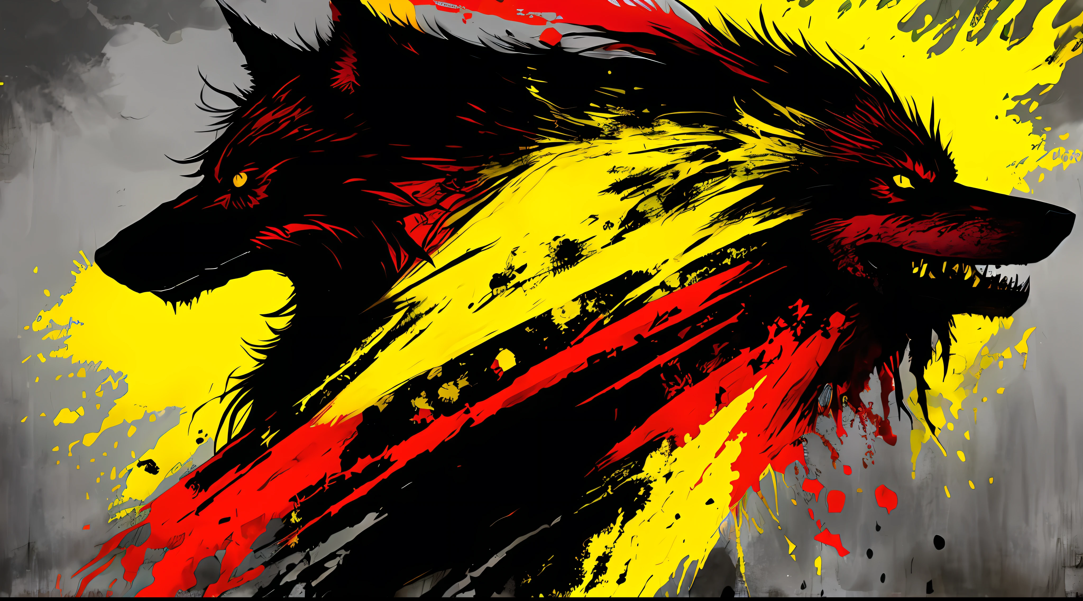 yellow, red and black, a monstrous wolf, in the style of Mork Borg, strong contrast, grunge dirty punk splash art, zine black metal, forest color splash background