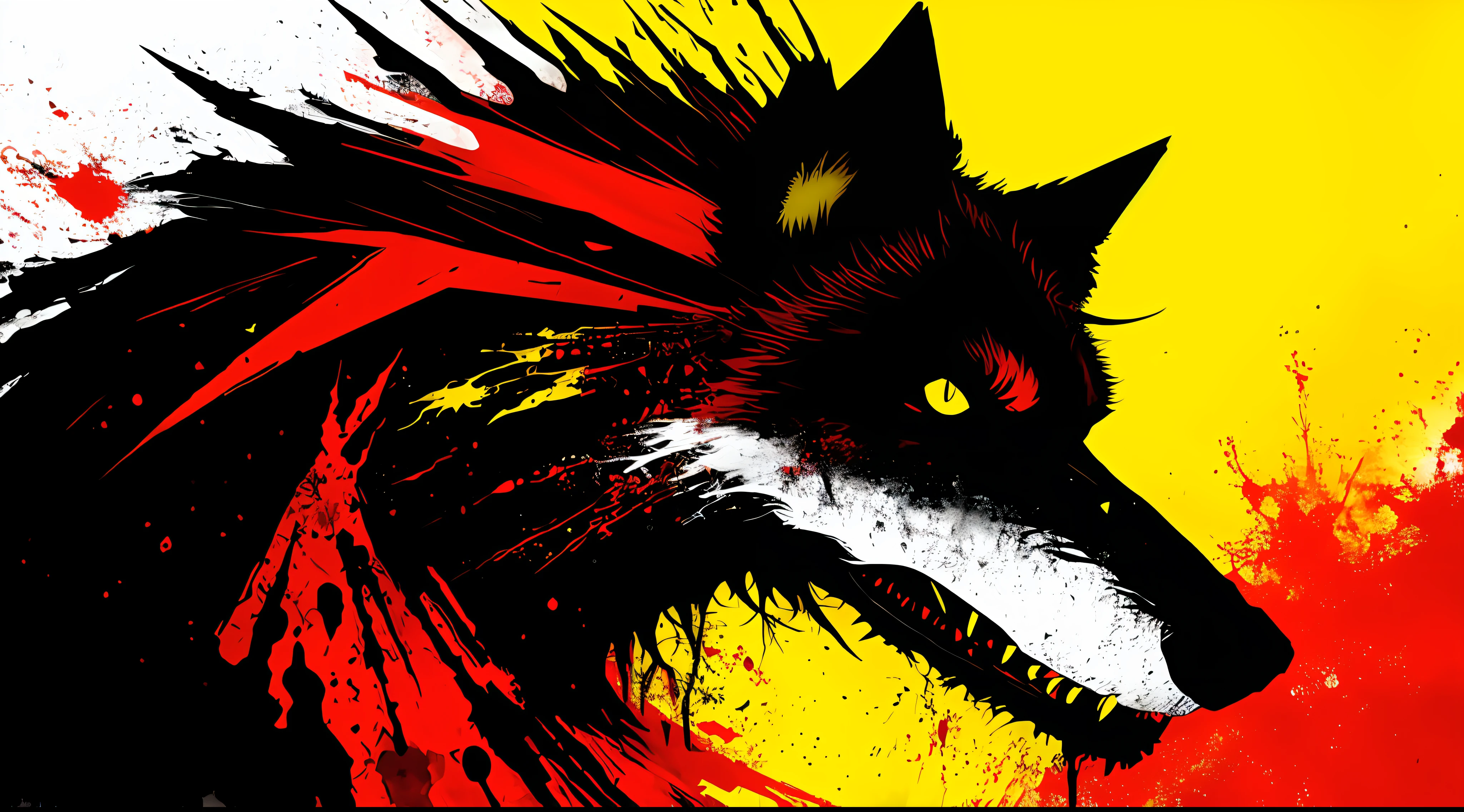 yellow, red and black, a monstrous wolf, in the style of Mork Borg, strong contrast, grunge dirty punk splash art, zine black metal, forest color splash background