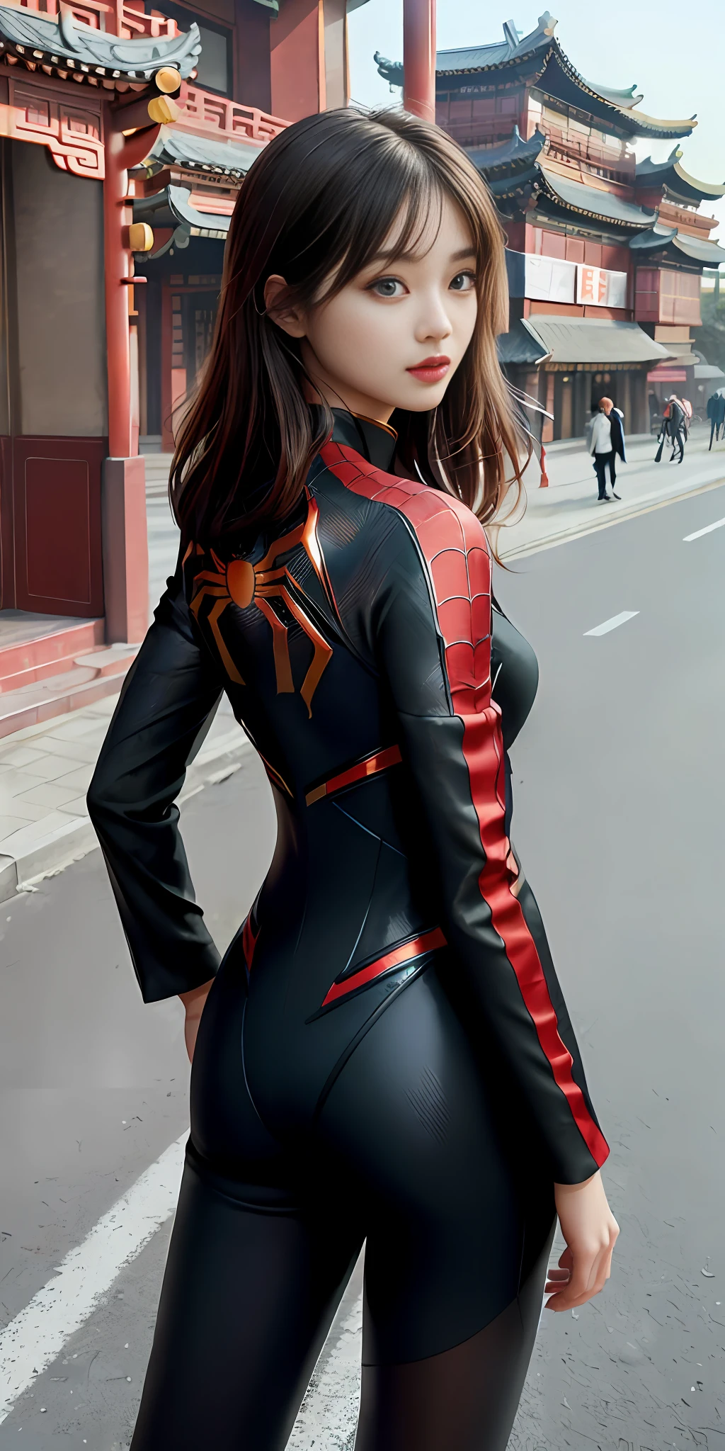 (1girl:1.3), solo, ((very detailed face)))), ((very detailed eyes and face))), beautiful detail eyes, body parts__, official art, unified 8k wallpaper, super detailed, beautiful and beautiful, beautiful, masterpiece, best quality, original, masterpiece, super fine photo, best quality, super high resolution, realistic chinese house, sunlight, full body portrait, amazing beauty, dynamic pose, delicate face, vibrant eyes, (from the front), She is wearing Spider-Man suit, red and black color scheme, spider, very detailed Chinese 60s architecture city street background, on the road, standing on the road, detailed face, detailed complex busy background, messy, gorgeous, milky white, highly detailed skin, realistic skin details, visible pores, clear focus, volumetric fog, 8k uhd, DSLR, high quality, film grain, fair skin, photo realism, lomography, Chinese 60s city, translucent