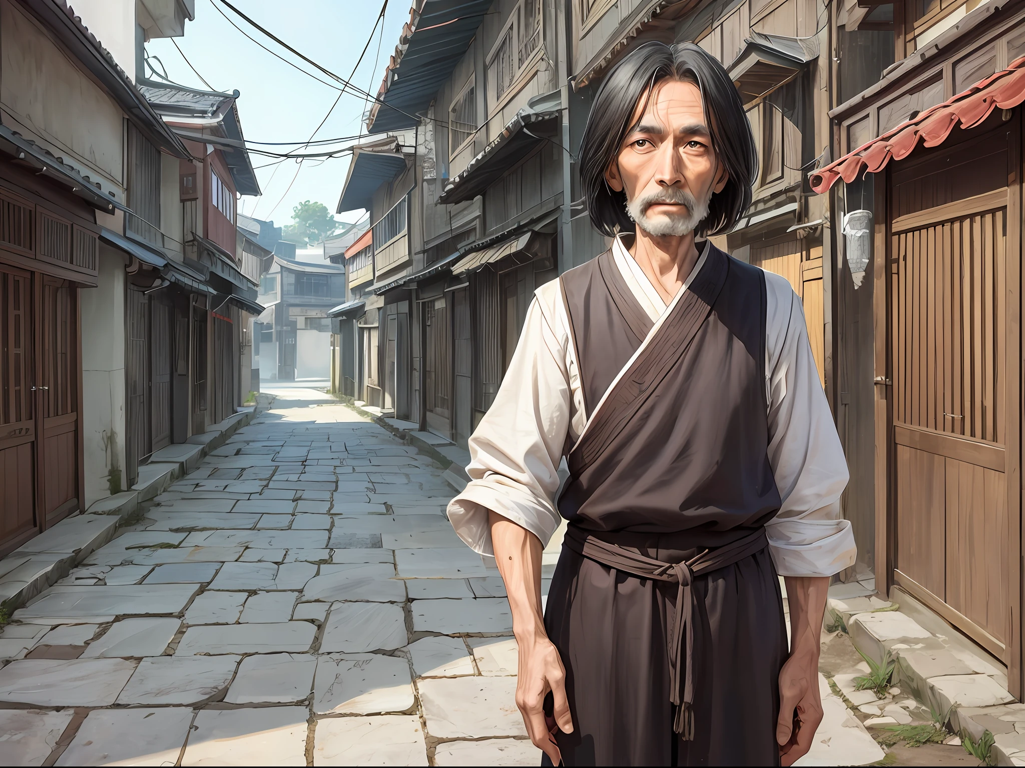 1 man, old, skinny, kind, standing at the entrance of the village, ((ultra-realistic details)), Chinese Republic of China style, global illumination, clear facial features, short black hair, shabby clothes, sloppy, 8k, a pair of bright eyes