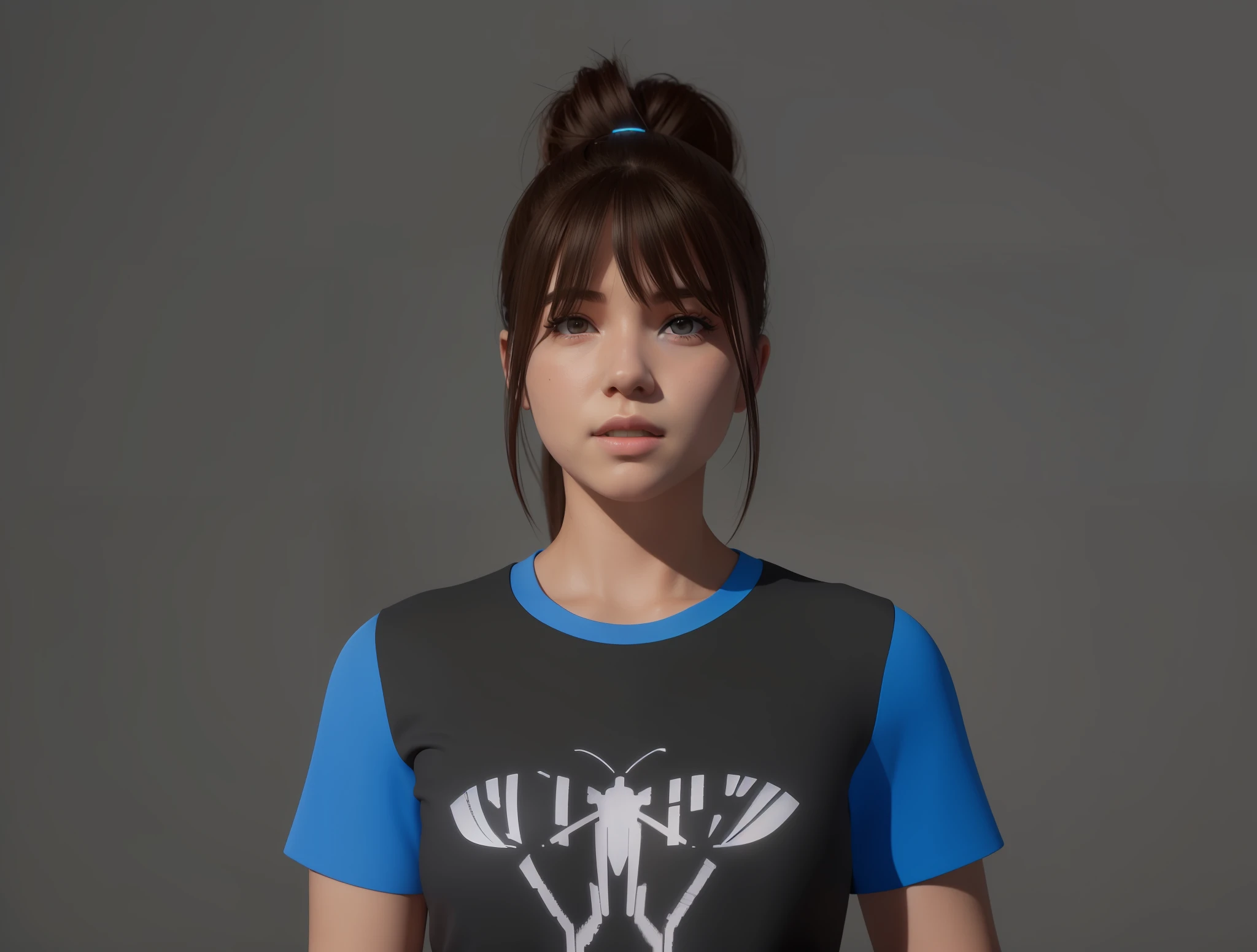 There's a woman who's holding a Wii Remote in her hand, realistic clothes, Insect trainer girl, Max Caulfield portrait, realistically rendered clothes, upper body avatar, photorealistic portrait of Bjork, hyperrealistic ager, modeled in poser, wonderful designer substance, 3D demo roll avatar, wonderful designer, a t-shirt. blender art, described as a 3D rendering, (lapel microphone on the right ear), (computers behind the woman)