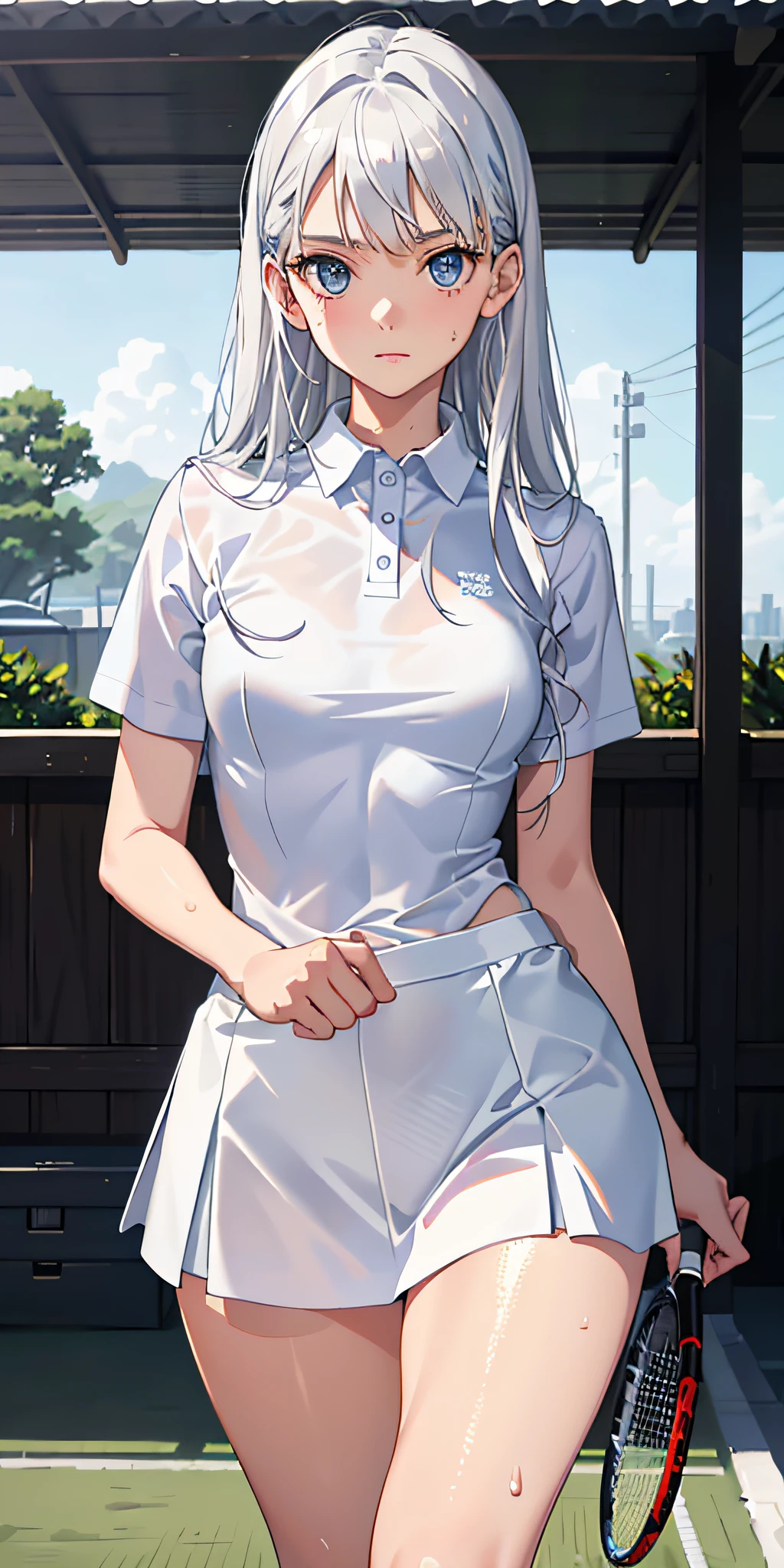 Absurd, Masterpiece, Best Quality, Realistic, Ultra Detail, (Shiny Skin, Sweat: 1.4), Slim, Gaze Viewer, 1Girl, Solo, Tennis Wear, White Polo Shirt, White Sneakers, White Miniskirt, Long Hair, Silver Hair, Blue Eyes, (Thick Thighs: 0.5), Dynamic Lighting, High Resolution, Sharp Focus, Depth of Field, Small Breasts