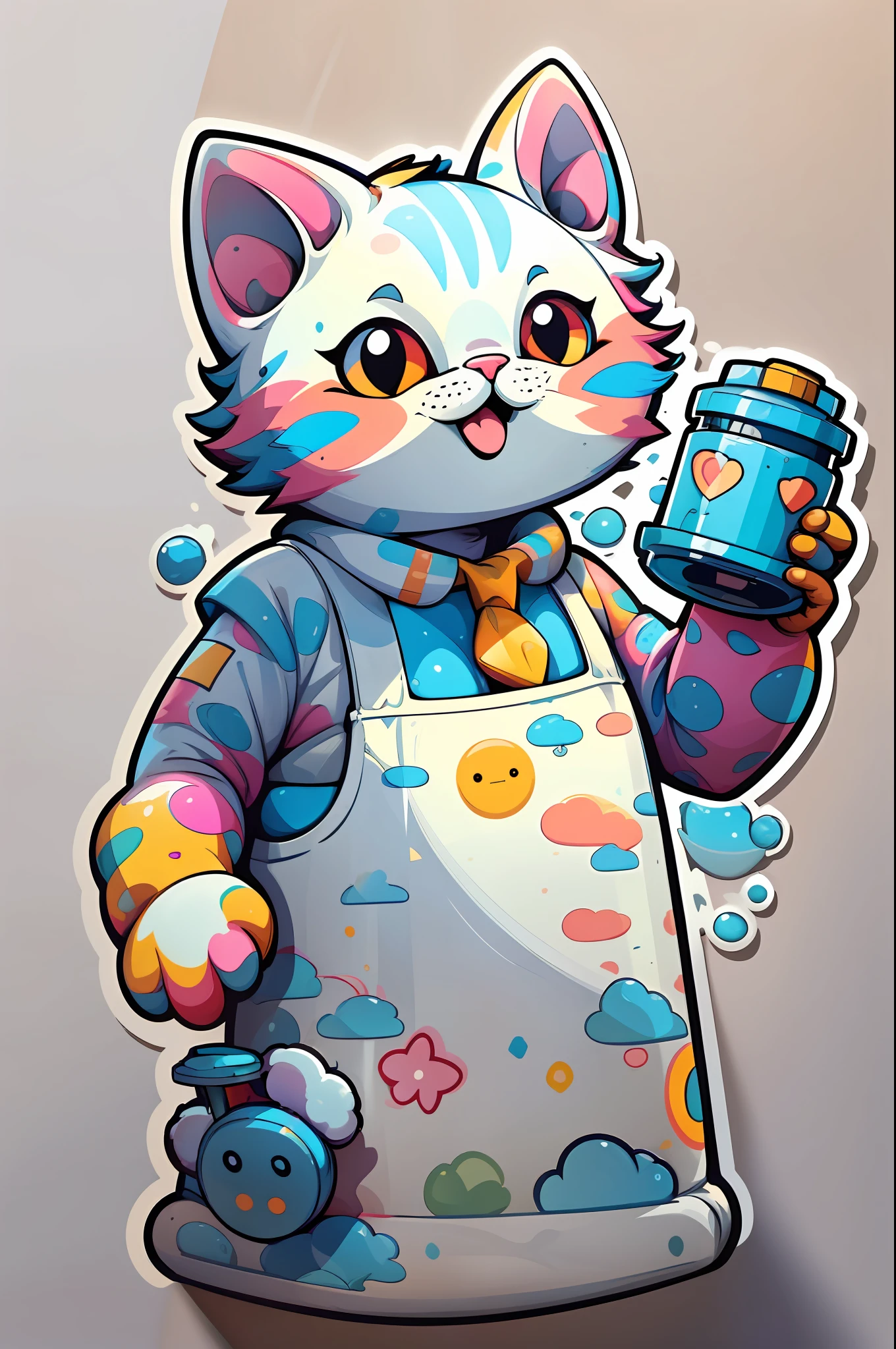 A cat wearing a white lab coat, protective goggles, and holding a flask with colorful bubbling substance, cutout sticker design with white outline in bright and vibrant colors on a white background stickers kawaii, professional sticker design, flat design, vector lines, sticker, drawing, Drawing, Full HD --auto --s2