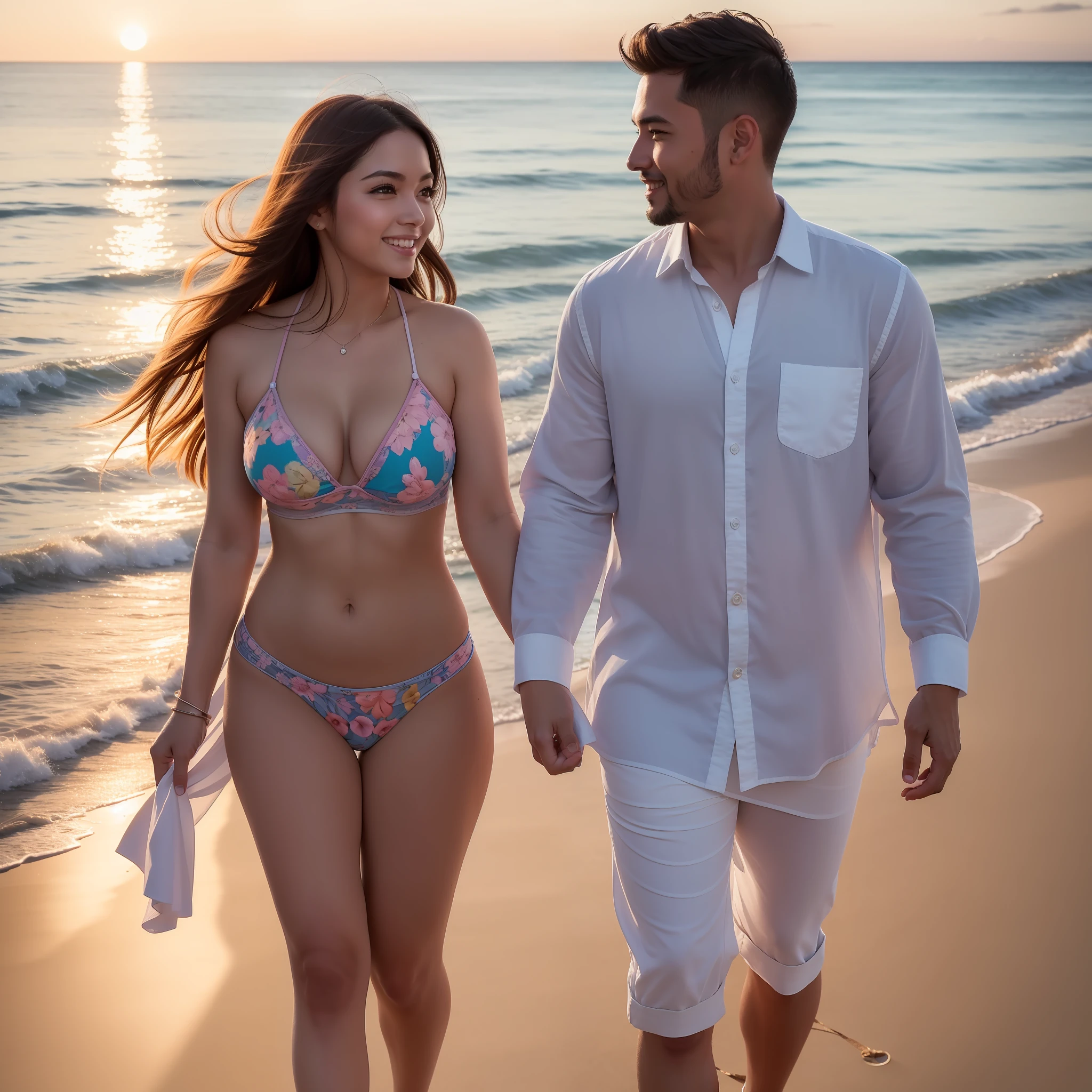 Happy married couple walking on the beach, looking to each other, best quality, super high resolution, masterpiece, UHD, RAW, 8K, intricate detail, masterpiece, award-winning, (bright colors), natural skin, clear focus, contrast lighting, (sunset: 1.5), bokeh, DSLR, photos,