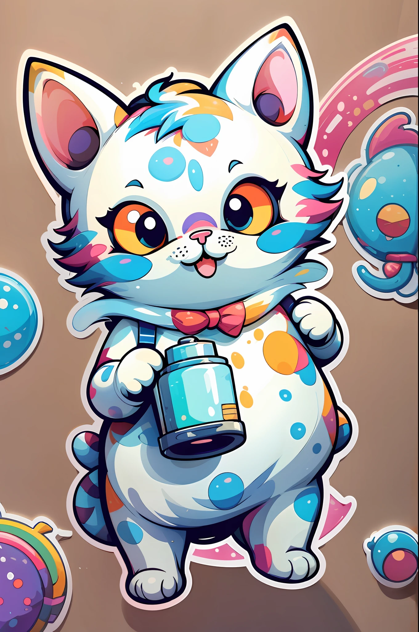 A cat wearing a white lab coat, protective goggles, and holding a flask with colorful bubbling substance, cutout sticker design with white outline in bright and vibrant colors on a white background stickers kawaii, professional sticker design, flat design, vector lines, sticker, drawing, Drawing, Full HD --auto --s2