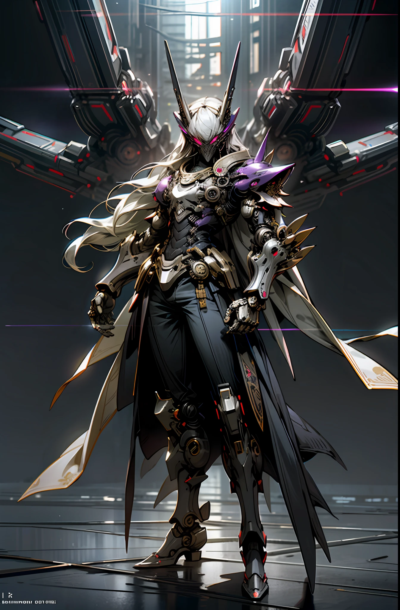 Dark_Fantasy, Cyberpunk, (Black Purple: 1.1), 1 Man, Mechanical Marvel, Robot Presence, Cybernetics Guardian, Full Body, Armored Dress, Grey Hair, Long Hair, Mask, Chinoiserie