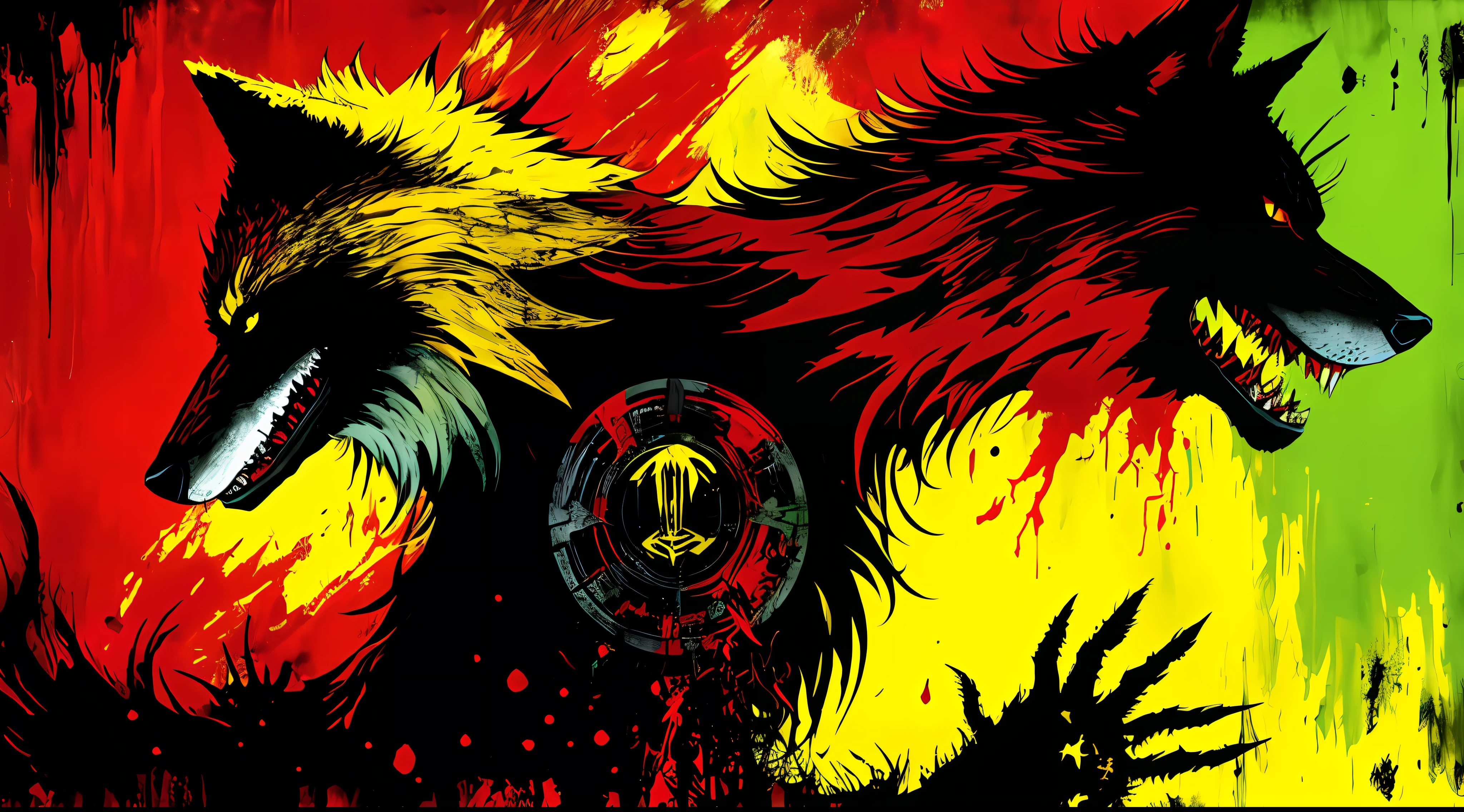 yellow, red and black, a monstrous wolf, in the style of Mork Borg, strong contrast, grunge dirty punk splash art, zine black metal, forest color splash background