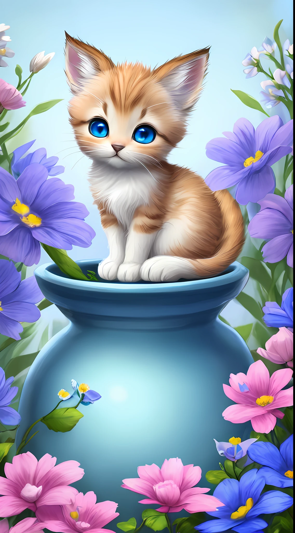A kitten with a tiny tail, a small nose, small ears, blue eyes, blue background, flowers, vase, dream, caroline chariot-dayez pastels, tumblr, furry art, elokitty, Disney's Bambi cat, Disney's stylized furry, ears floating, fluffy tail, human cat, fluffy ''', fluffy !!!, high resolution, furry art!!!