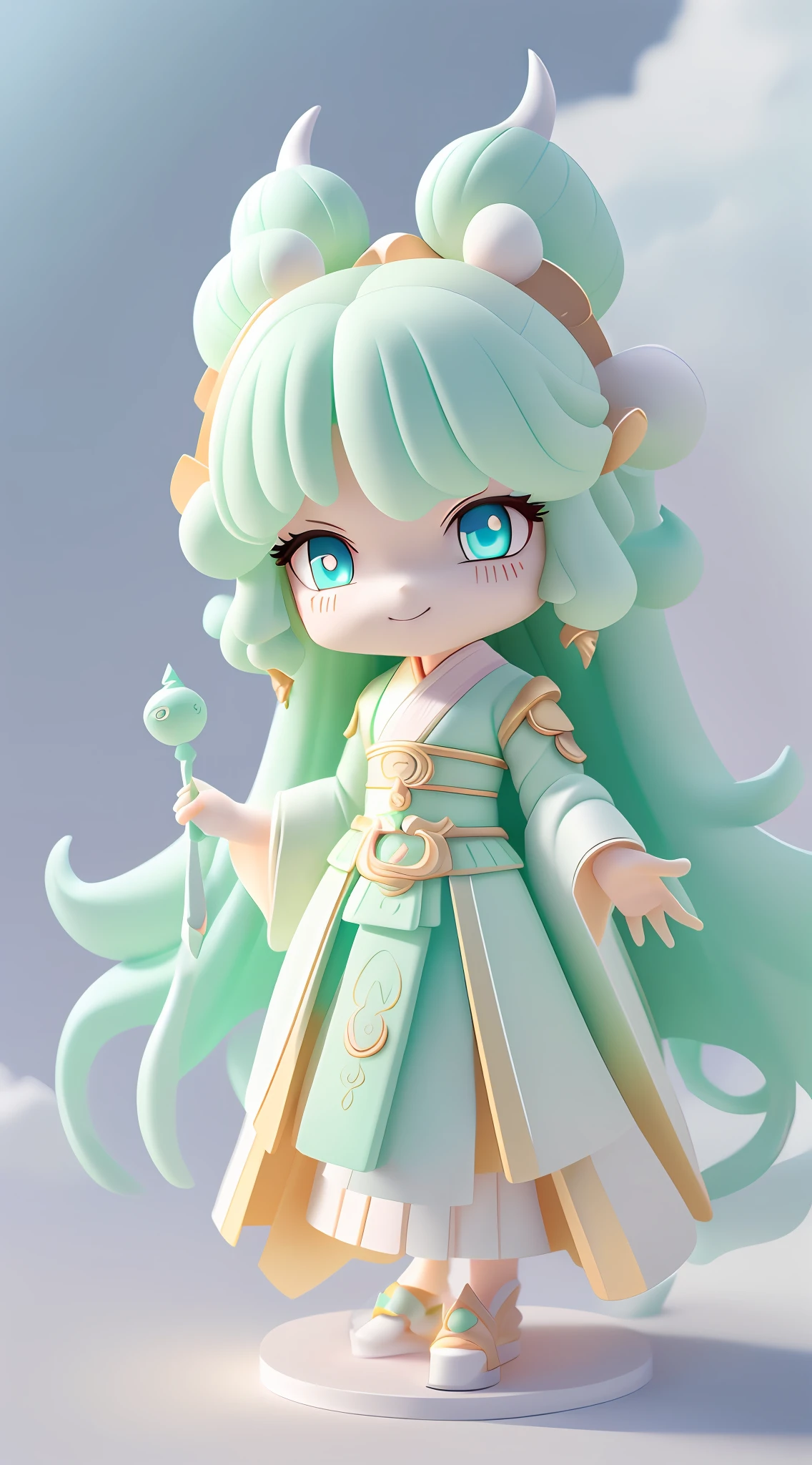 Dragon, long dragon horns, happy smile, (wearing Hanfu) fluffy, fluffy hair, soft ((best quality)), ((masterpiece)), (hair accessories)( extreme detail, highest detail, official art, beauty and aesthetics:1.2), depth of field, composition ( (full body) ), (chibi), (beautiful and detailed eyes: 1.3), (very happy:1) (light mint green and gradient white), popmart blind box, clay texture, cloud decorative background, natural light, best quality, Super Detail, 3D Art, C4D, Blender, OC Renderer, 3D Rendering, 8K