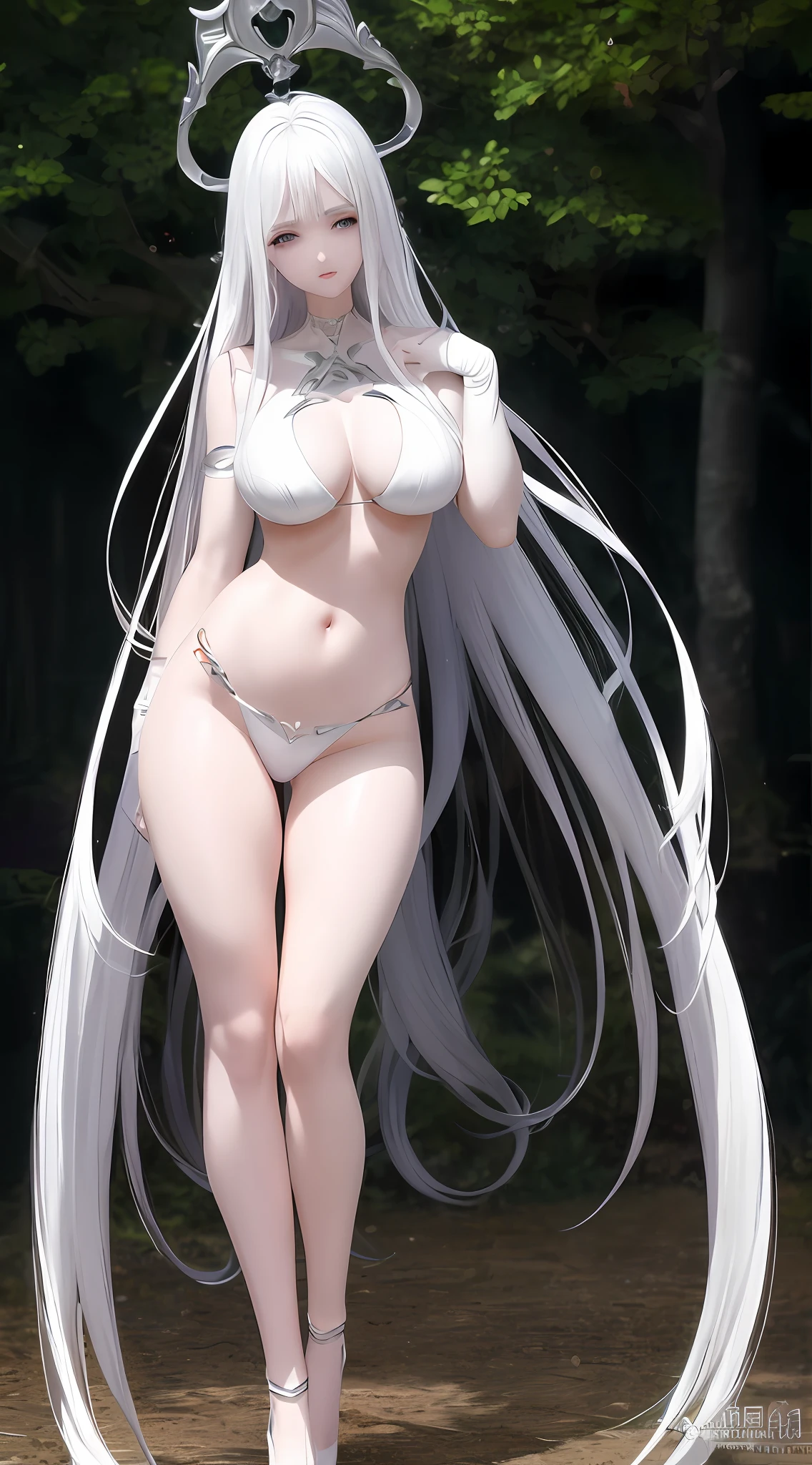 Close-up of a long-haired woman wearing a bra,  anime girl, light milky porcelain skin, beautiful and alluring anime woman, smooth translucent white skin, tall and thin beauty goddess, smooth anime CG art, bust with long beautiful neck, full body fairy, beautiful fantasy queen, 8K high quality detail art, realistic shadow perfect figure, standing, full body, upturned , pose, model standing pose, different movements, outdoors, slender legs, smooth legs