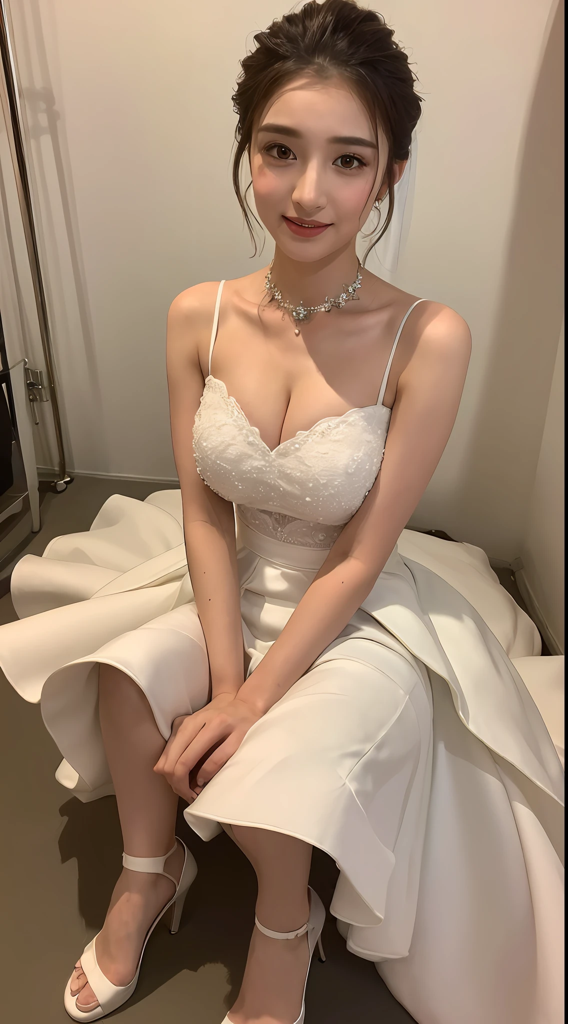 ((Best Quality, 8K, Masterpiece:1.3)), 1girl, Beauty:1.5, (Casual hairstyle, Big breasts:), Bandeau wedding dress, Super fine face, Fine eyes, Double eyelids, Bride, full body, pointed heels,