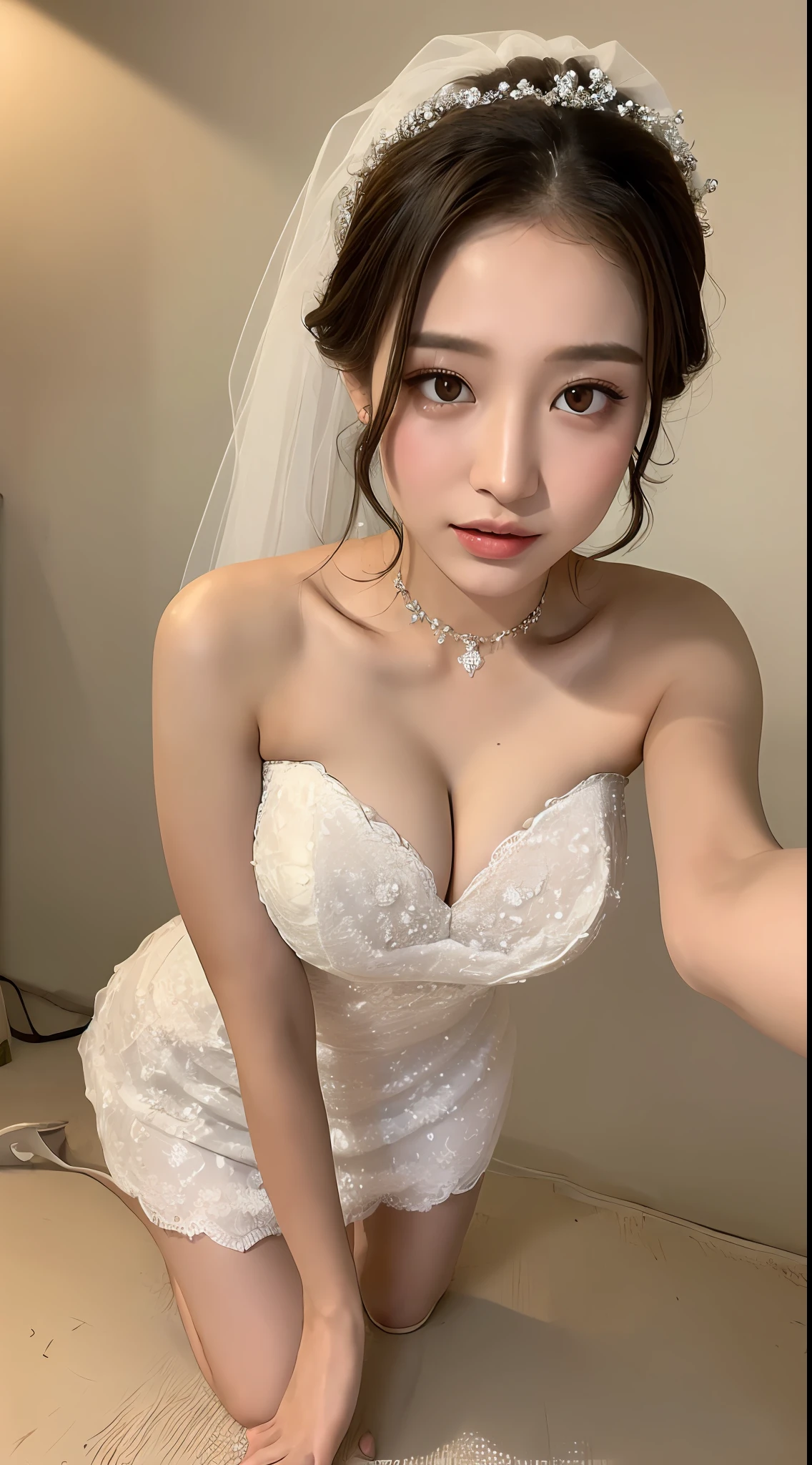 ((Best Quality, 8K, Masterpiece:1.3)), 1girl, Beauty:1.5, (Casual hairstyle, Big breasts:), Bandeau wedding dress, Super fine face, Fine eyes, Double eyelids, Bride, full body, pointed heels,