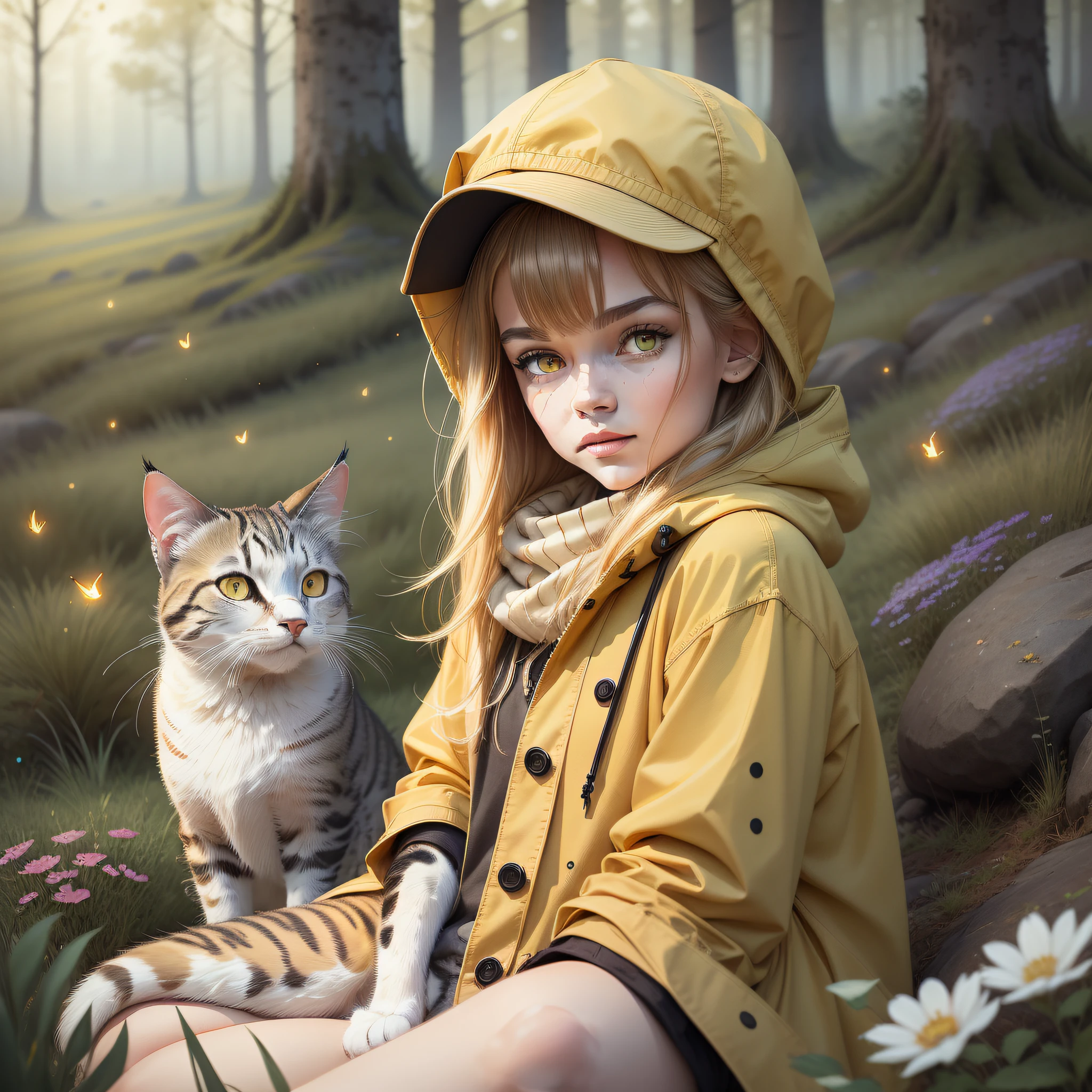(masterpiece, best quality), 1cat of white color with black round spot in the right eye, yellow eyes, wearing red raincoat, raincoat, red cap, sitting in a field of low grass, green grass, green plants and flowers, the cat looks forward, cold lighting, fireflies, note, stars, forest, blurred foreground