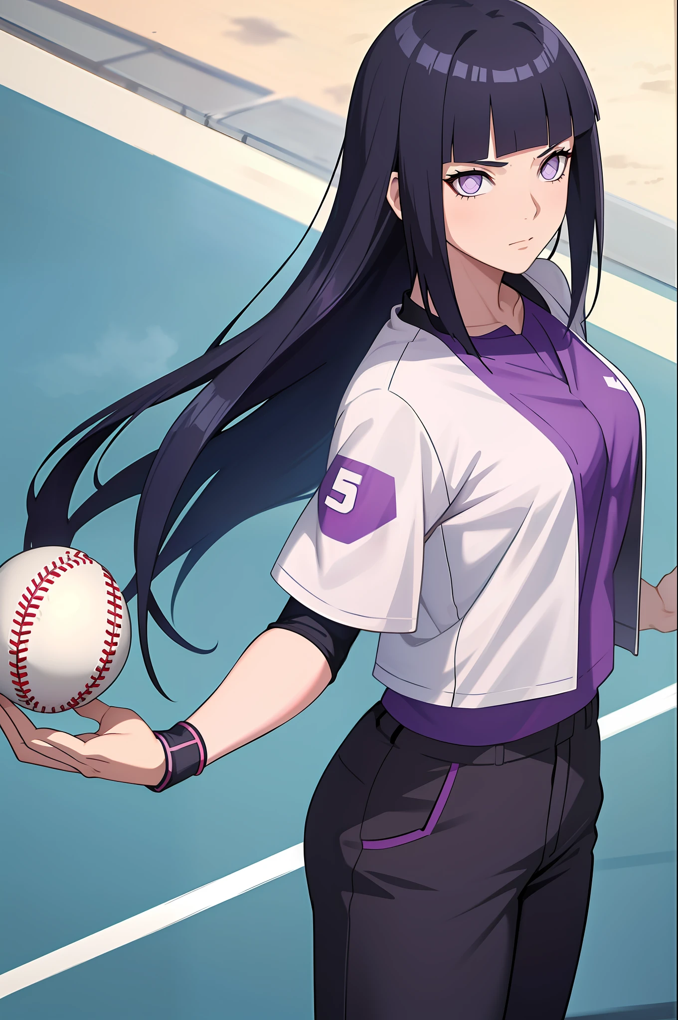 ((masterpiece:1.2, best quality)), hinata/(boruto/),1girl, long hair, dark blue hair, purple eyes, baseball shirt, baseball pants holding a baseball, straight, mature, blunt bangs, dynamic angle, medium breast, baseball gloves