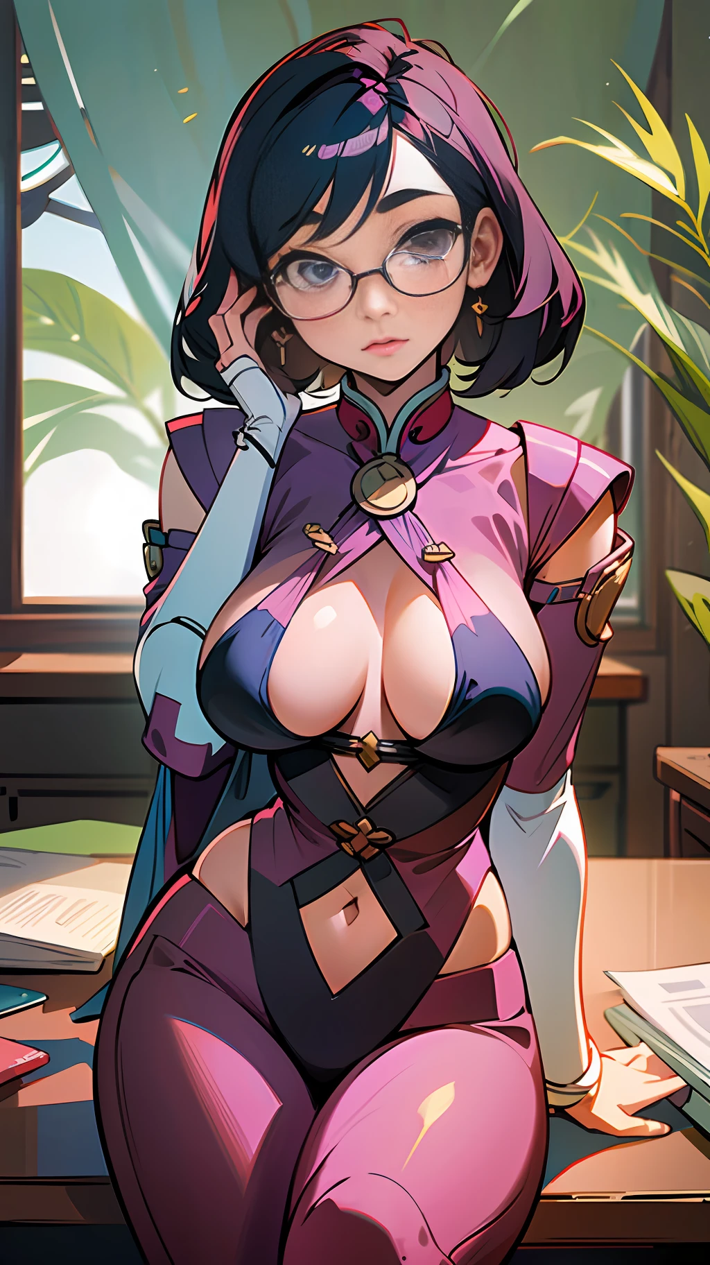 Asian woman, sitting on table, opai, goddess, wearing glasses, in office, model, on table, ????? up bust shot, ?????? cover and SFW --auto --s2
