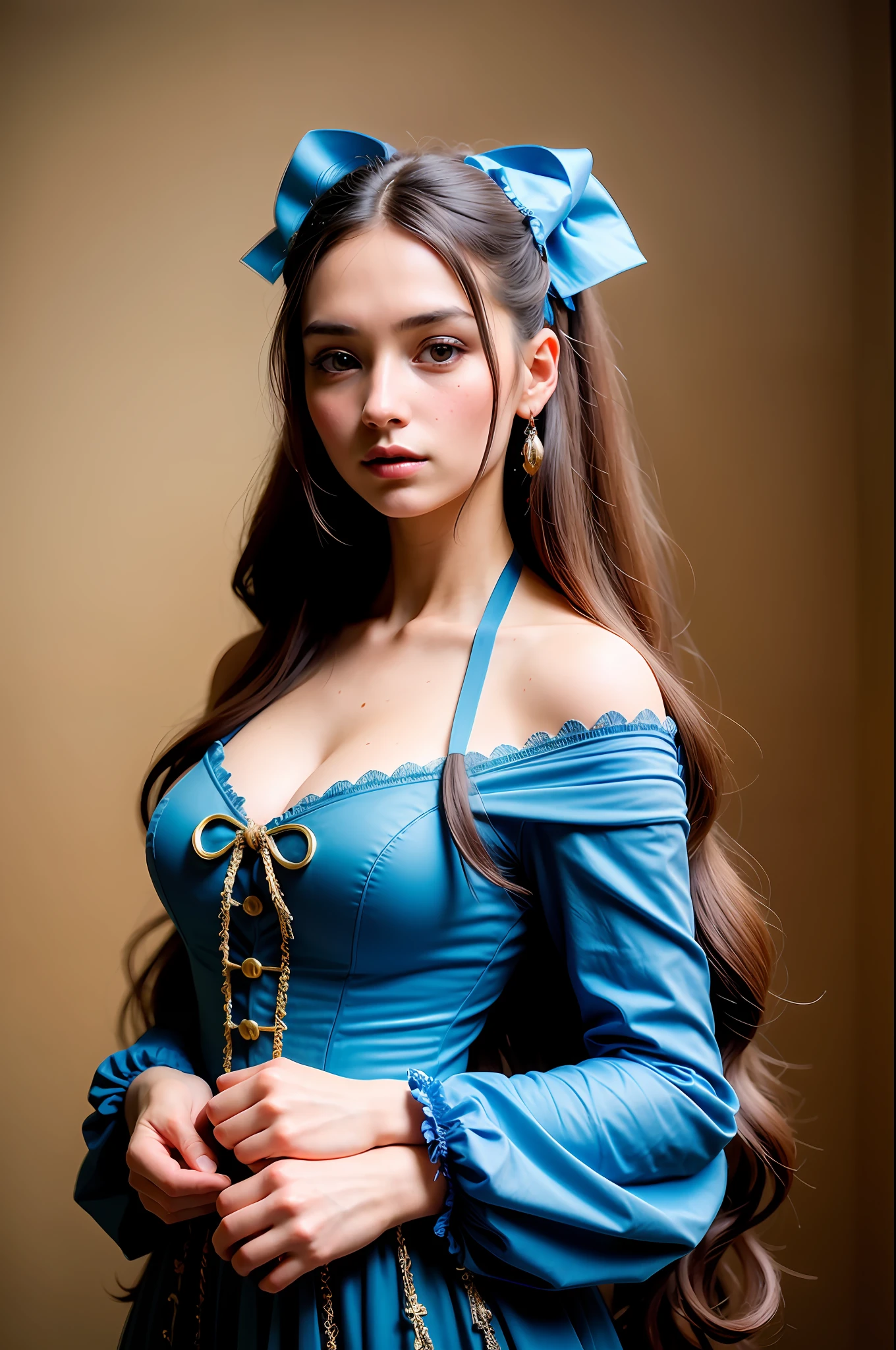 Woman with long wavy straight hair and bow on head, European woman, Victorian era, Woman in blue dress, Blue dress of the Victorian era, Alice in wonderland, ((8k:1.27), best quality, masterpiece, ultra highres:1.2) Photo of a beautiful European (beautiful:1.1) space soldier, (bow in hair:1.61) (Dress:1.21) intricate elegant, fantasy, detailed,  metric by Greg Rutkowski and Alphonse Mucha, gradient lighting