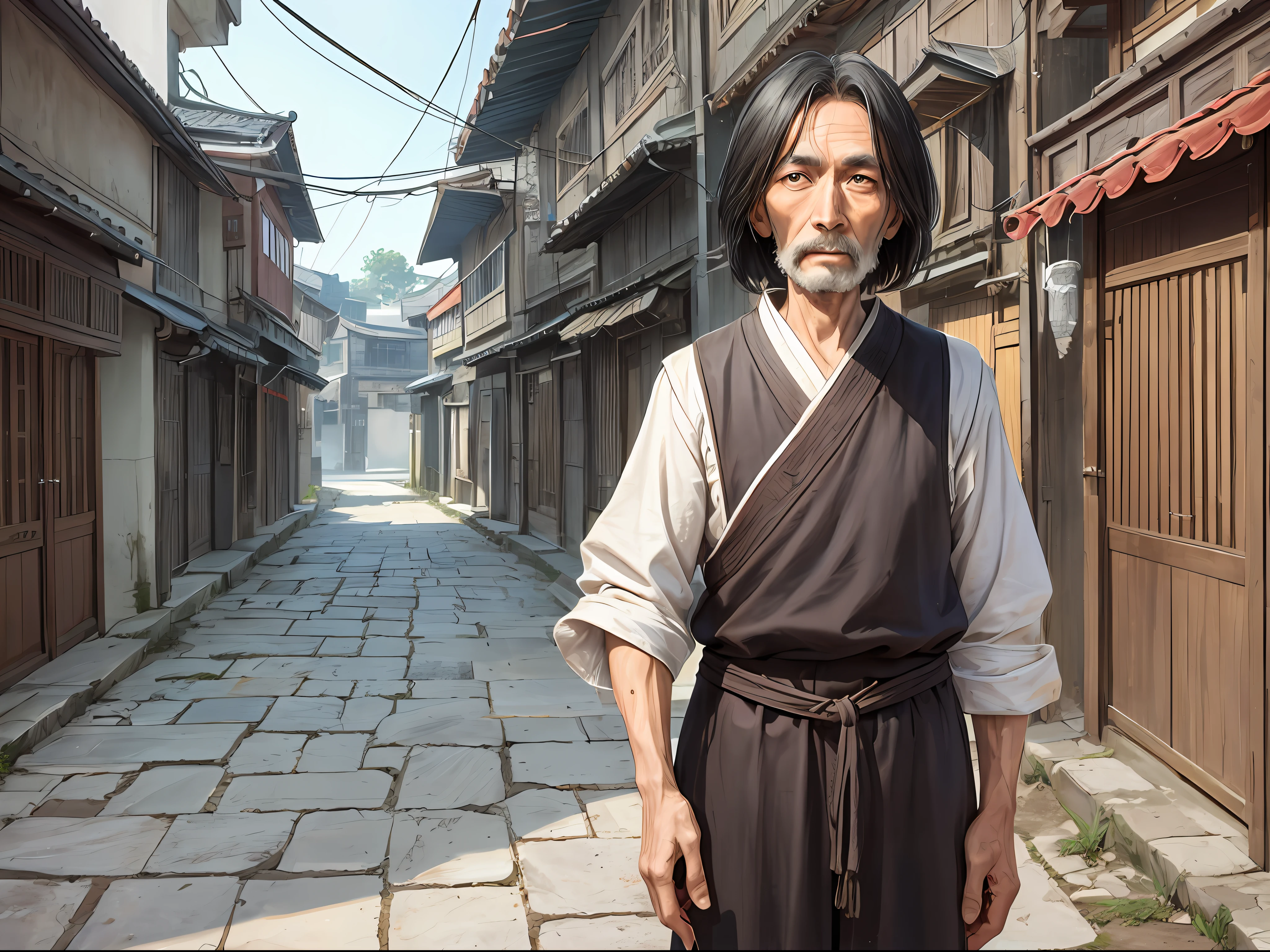 1 man, old, skinny, kind, standing at the entrance of the village, ((ultra-realistic details)), Chinese Republic of China style, global illumination, clear facial features, short black hair, shabby clothes, sloppy, 8k, a pair of bright eyes