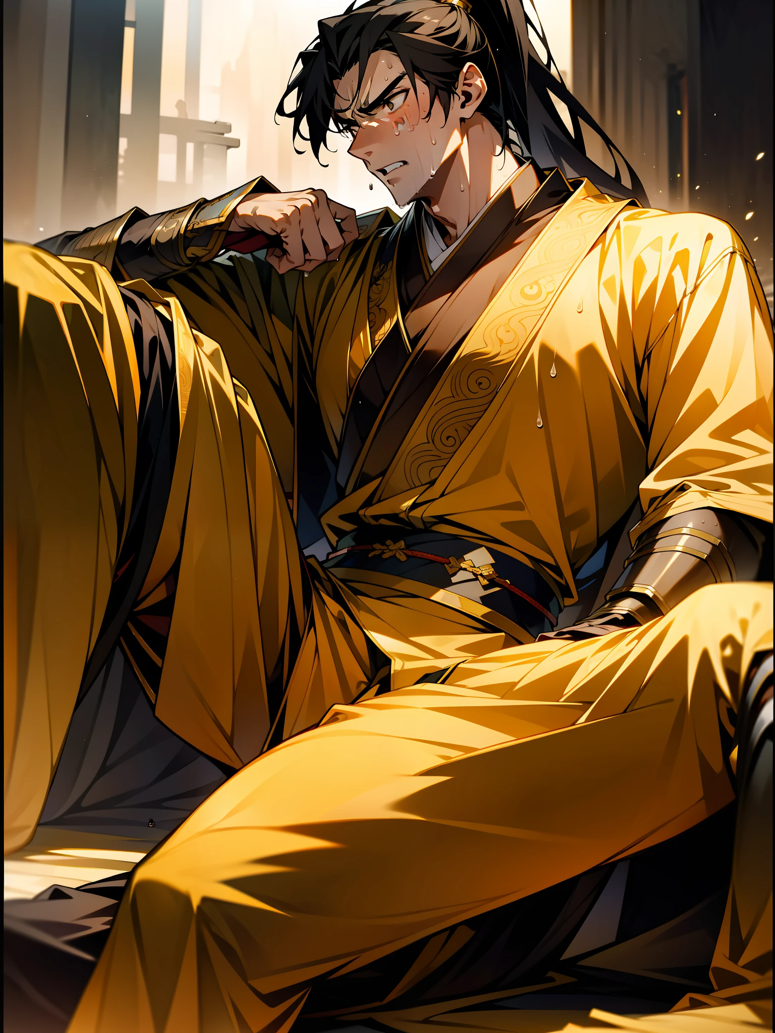 1 male, sweating, open mouth, drooling, wet, wet, sweaty pectorals, sweaty abs, sweaty crotch, golden costume Hanfu, dragon robe, handsome face, highest image quality, dark skin, high ponytail long hair, detail Hanfu, wearing arm guards, armor, leg guards (leg nails), leggings, ancient boots (ancient Chinese military boots), appearance looks like a general, squat, split legs squat, half squat, holding a sword, sweating crotch, crotch shape, crotch sweating, long legs, leg contour, thigh close-up, calf close-up, perfect legs