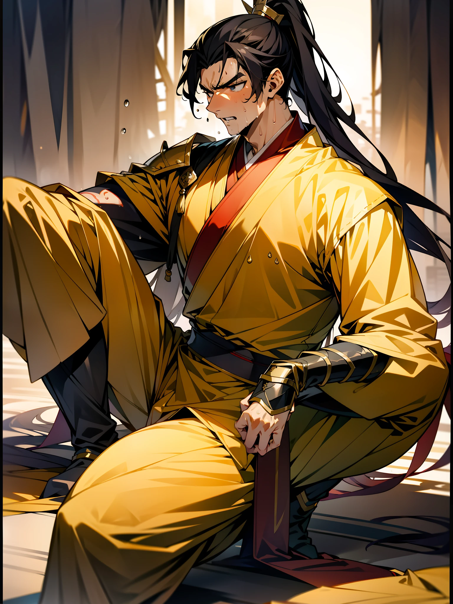 1 male, sweating, open mouth, drooling, wet, wet, sweaty pectorals, sweaty abs, sweaty crotch, golden costume Hanfu, dragon robe, handsome face, highest image quality, dark skin, high ponytail long hair, detail Hanfu, wearing arm guards, armor, leg guards (leg nails), leggings, ancient boots (ancient Chinese military boots), appearance looks like a general, squat, split legs squat, half squat, holding a sword, sweating crotch, crotch shape, crotch sweating, long legs, leg contour, thigh close-up, calf close-up, perfect legs