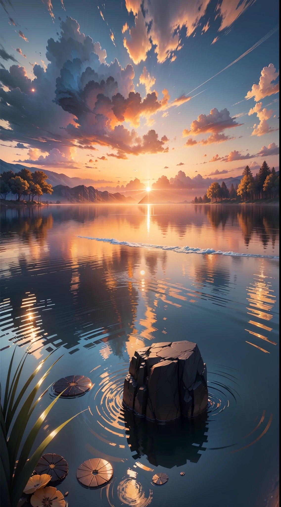 sunset, landscape, water, (very detailed CG unity 8k wallpaper), the most beautiful artwork in the world, professional majestic oil painting, intricate, high detail, clear focus, dramatic, realistic painting art, blue sky.