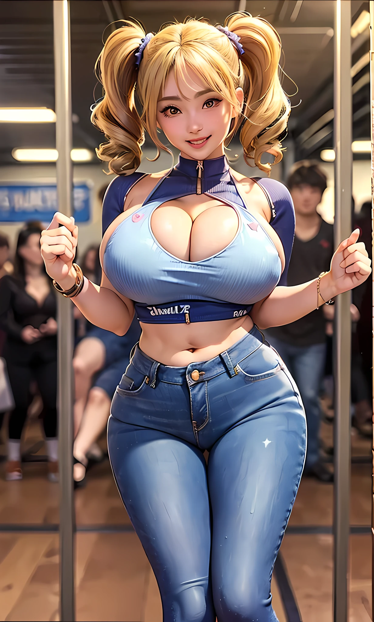 (masterpiece, best quality:1.2), solo, 1girl, lucy heartfilia on a crowded train, smile, looking ta viewer, twintails, blonde,(((cameltoe:1.2, huge breasts))), (skin thight skinny jeans ), perfect teeth, slender waist, wide hips, (cowboy shot, thick thighs), (handles on hips:1.1), (hhips:1.2)