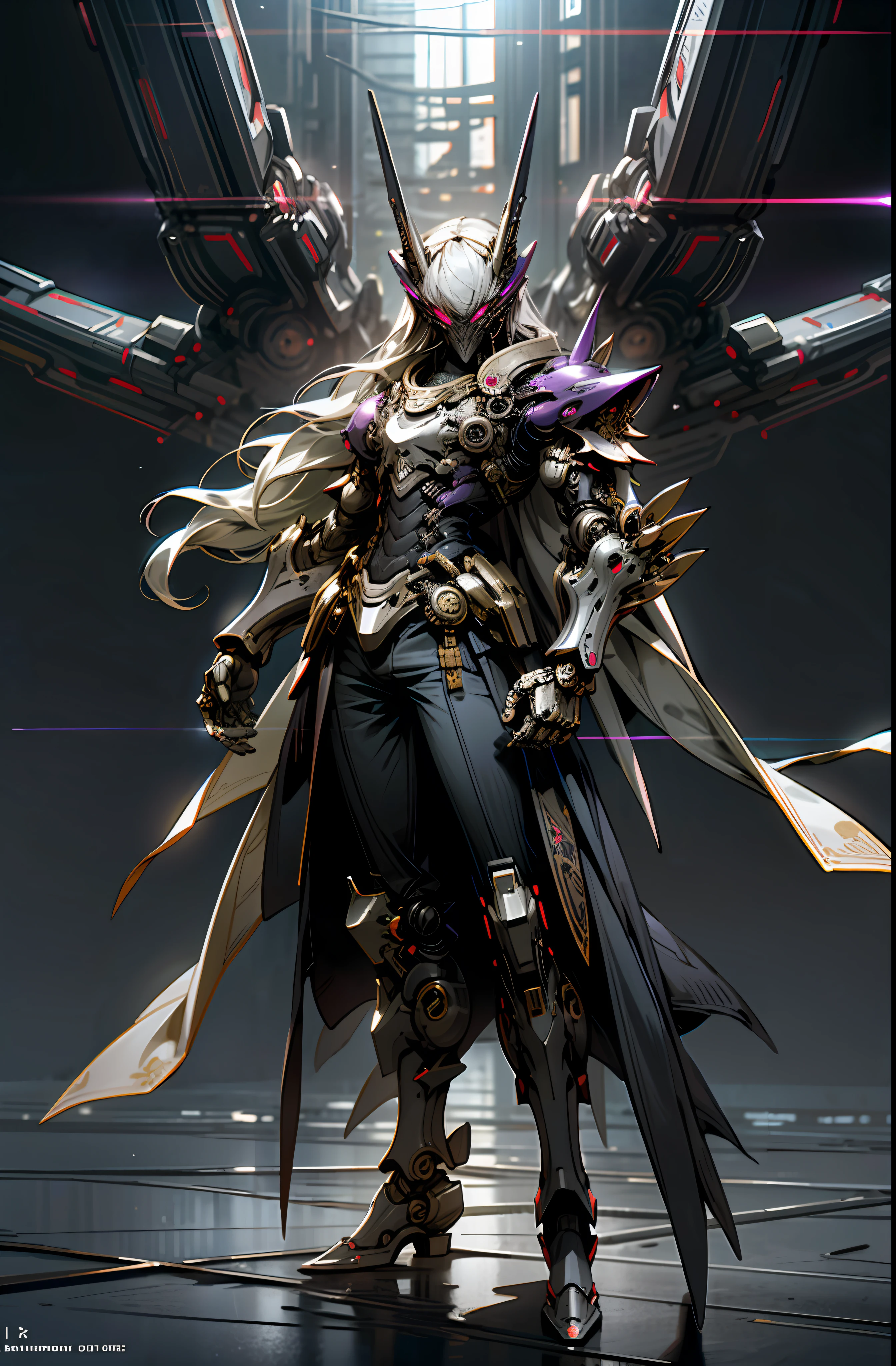 Dark_Fantasy, Cyberpunk, (Black Purple: 1.1), 1 Man, Mechanical Marvel, Robot Presence, Cybernetics Guardian, Full Body, Armored Dress, Grey Hair, Long Hair, Mask, Chinoiserie