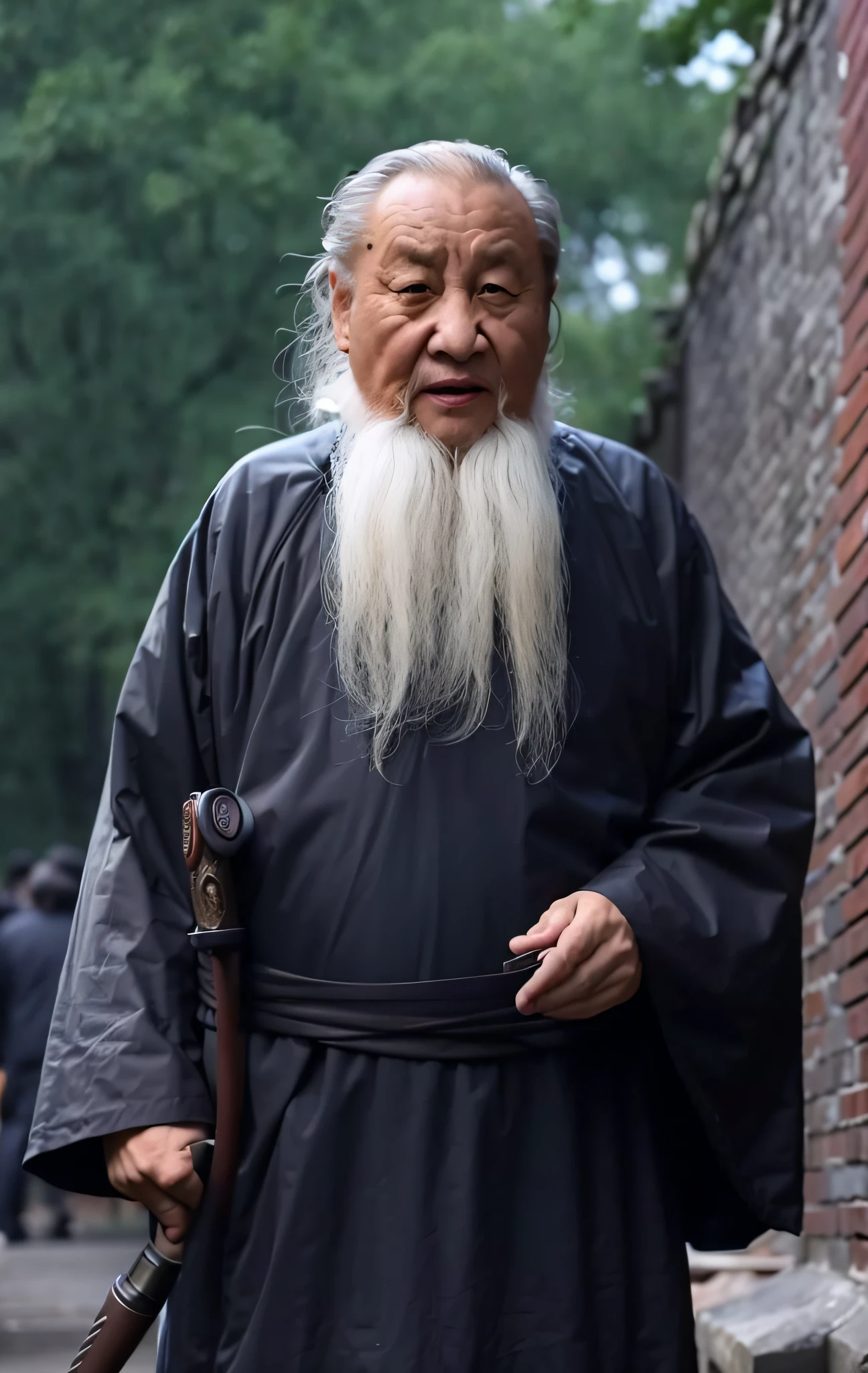 arafed man with a long white beard and a cane, inspired by Wu Daozi, inspired by Hu Zaobin, taoist master, inspired by Li Cheng, inspired by Zhang Lu, taoist priest, inspired by Wu Bin, inspired by Dong Yuan, inspired by Cheng Zhengkui, inspired by Li Zai, inspired by Li Shixing