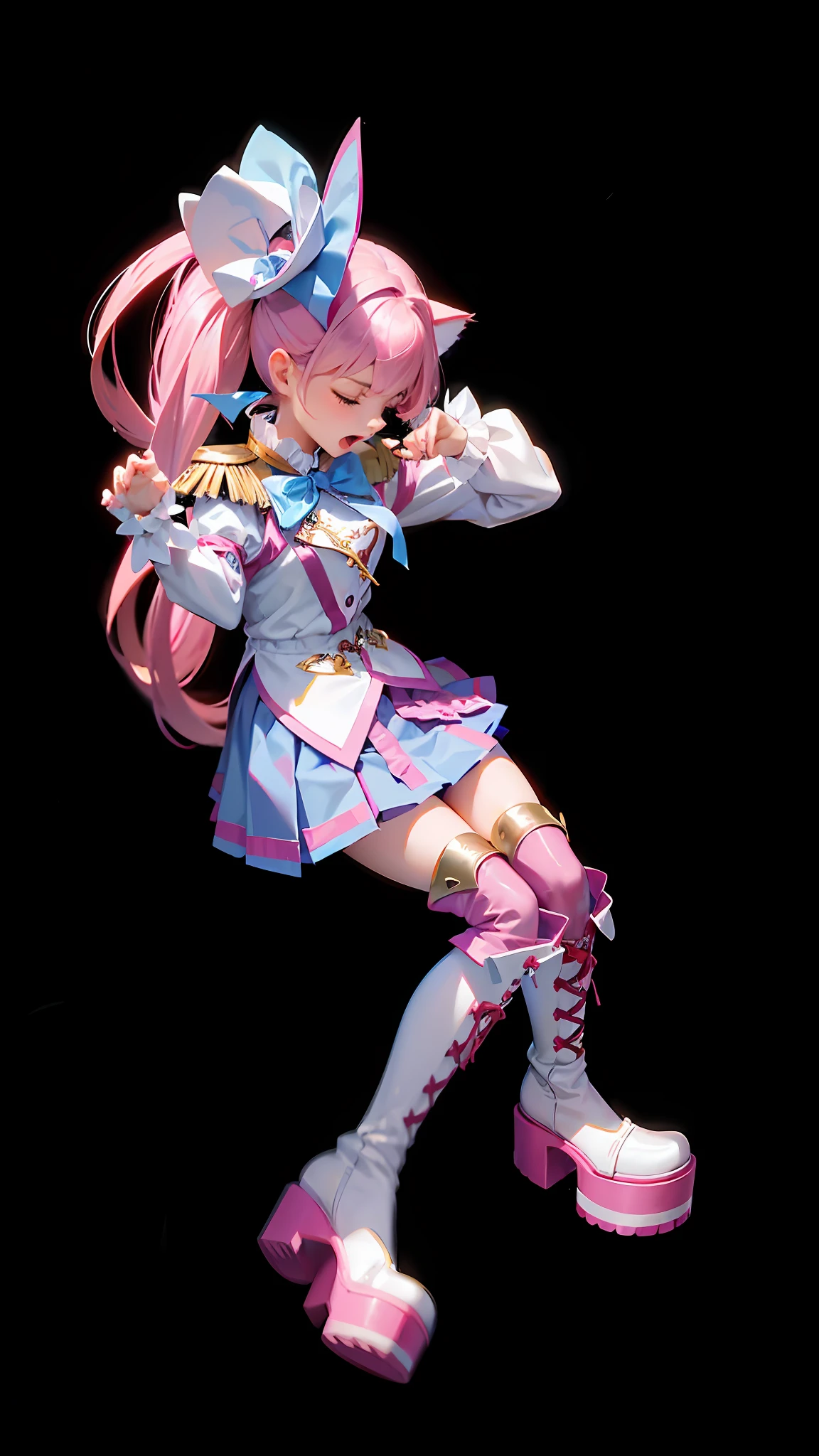 (lora:QuickHand:1.2), (Masterpiece:1.5), (Best quality:1.5), 8k,(Perfect Hand: 1.5),1 girl,Perfect hand, Closed eyes, open mouth, pink hair, single ponytail, white top, pink pleated skirt, pink over-the-knee socks, white boots, (no background: 1.5), skinny legs, (cat's claw gesture: 1.5),
