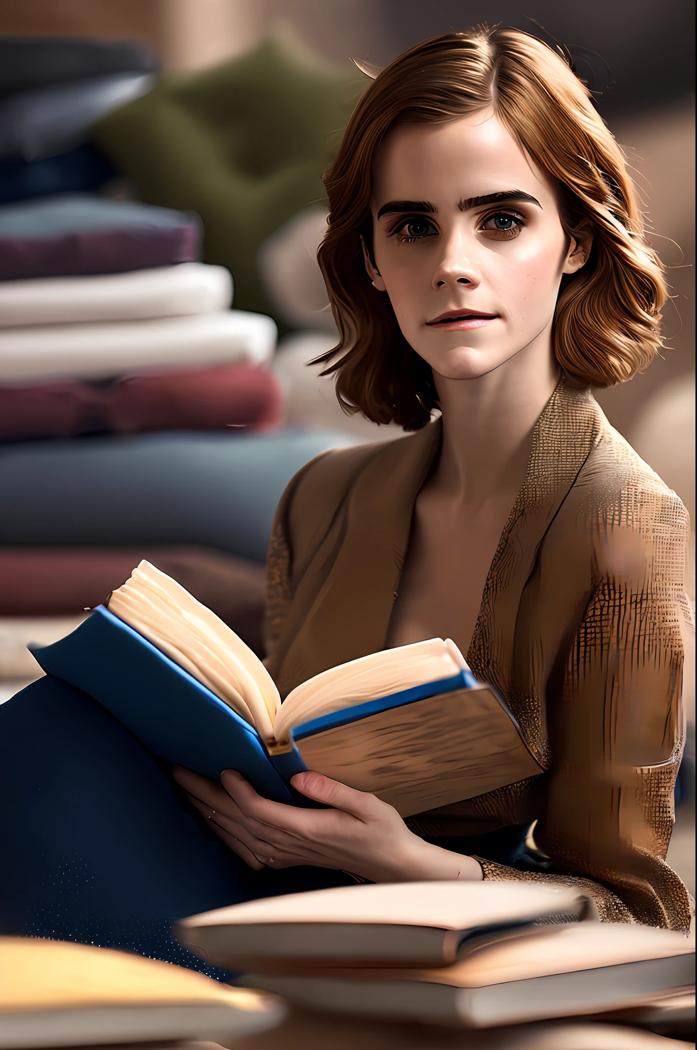 ((Emma Watson sits on the floor in a mountain of many cushions and reads a book)), she wears a tight top and skirt, (small_breasts:1.6), (Masterpiece:1.2) (photorealistic:1.2) (bokeh) (best quality) (intricate details) (8K) (High Poly) (ray tracing) (cinema lighting) (sharp focus) (detailed face) (detailed pupils), ((small head))