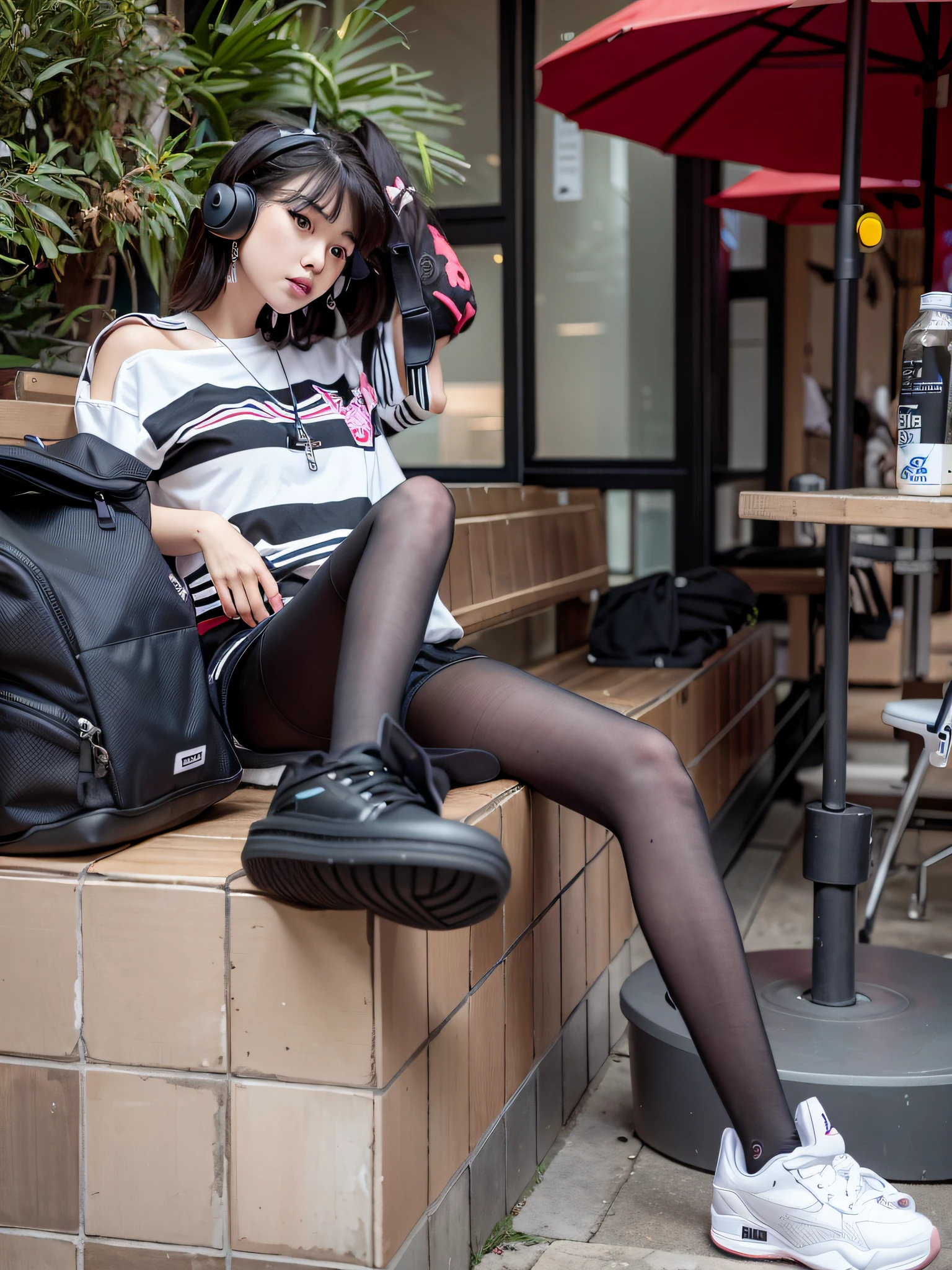 araffe sitting on a bench with a backpack and a backpack, casual pose, pretty face with arms and legs, she is wearing streetwear, ulzzang, trending at cgstation, trending on cgstation, young and cute girl, ๐คฌ ๐คฎ ๐ ๐, attractive pose, roseanne park of blackpink, 2 4 year old female model, full body cute young lady